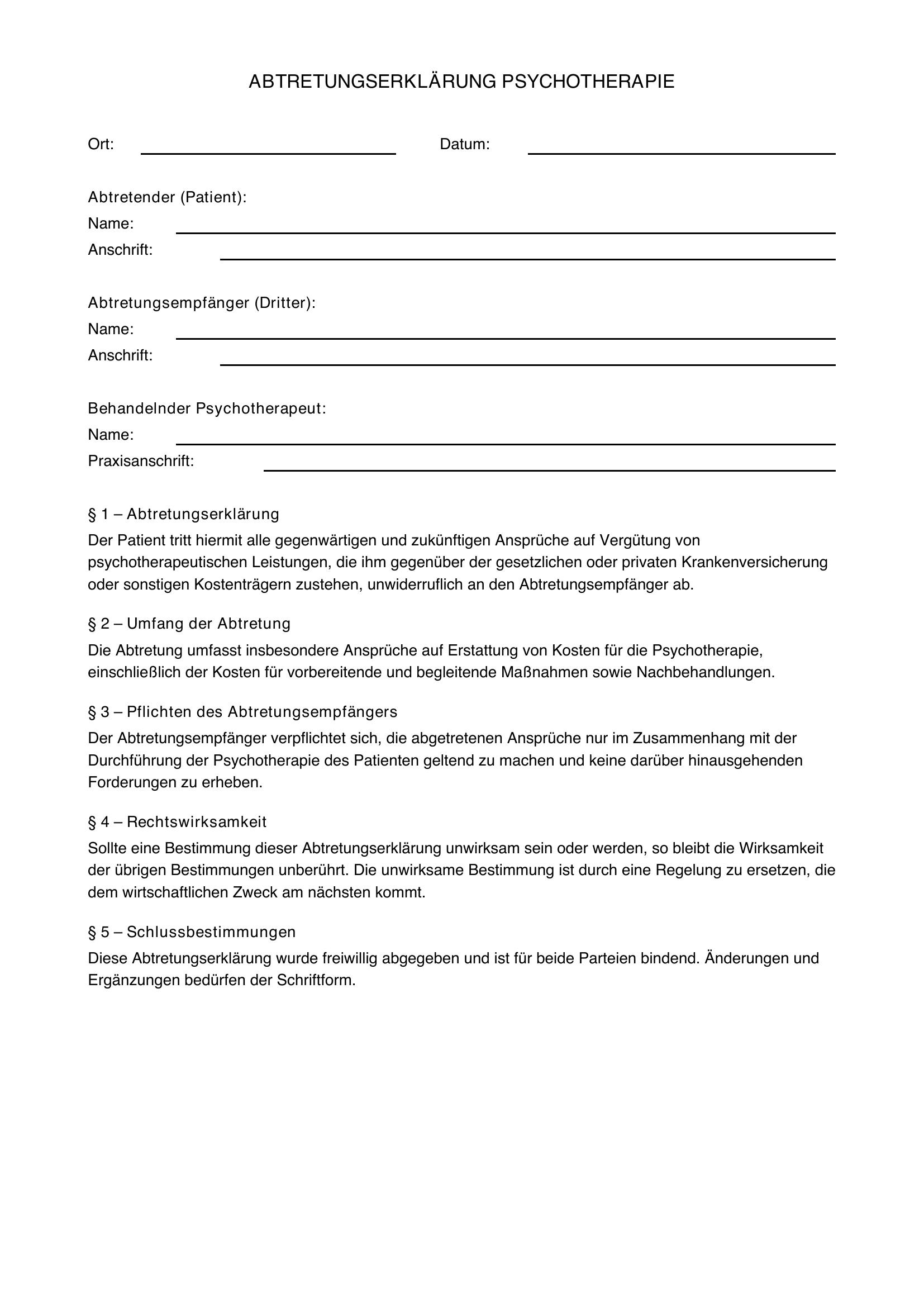 Abtretungserklärung Psychotherapie