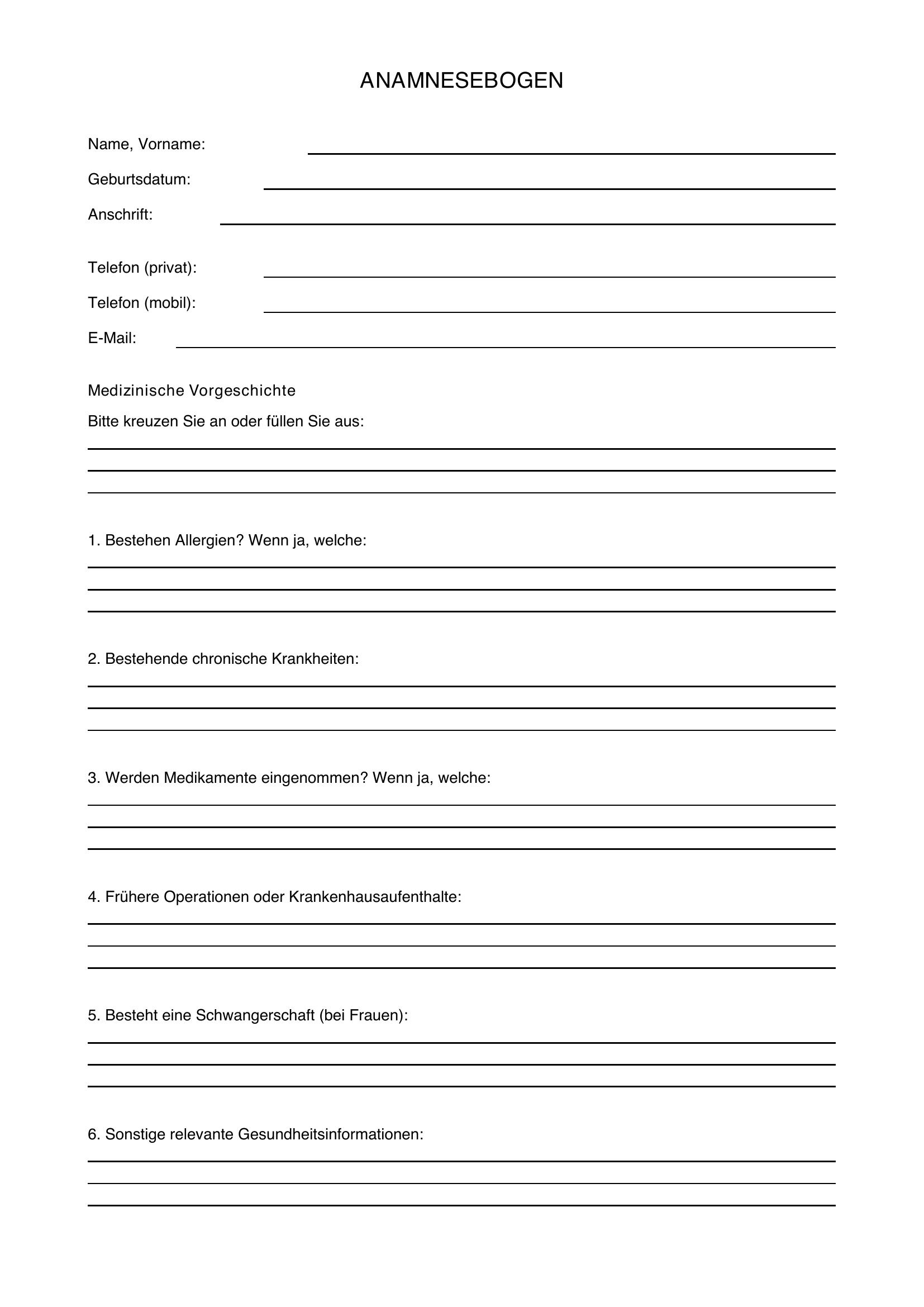Anamnesebogen Vorlage