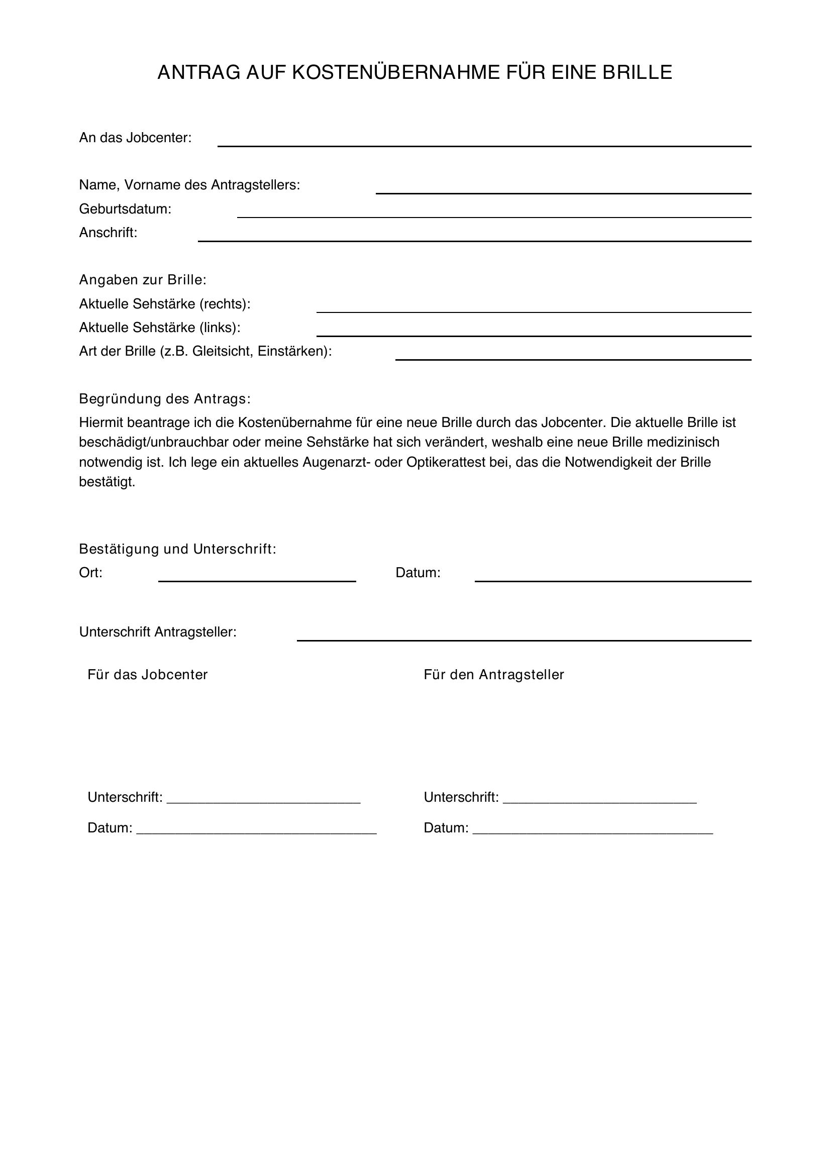 Antrag Kostenübernahme Brille Jobcenter Muster