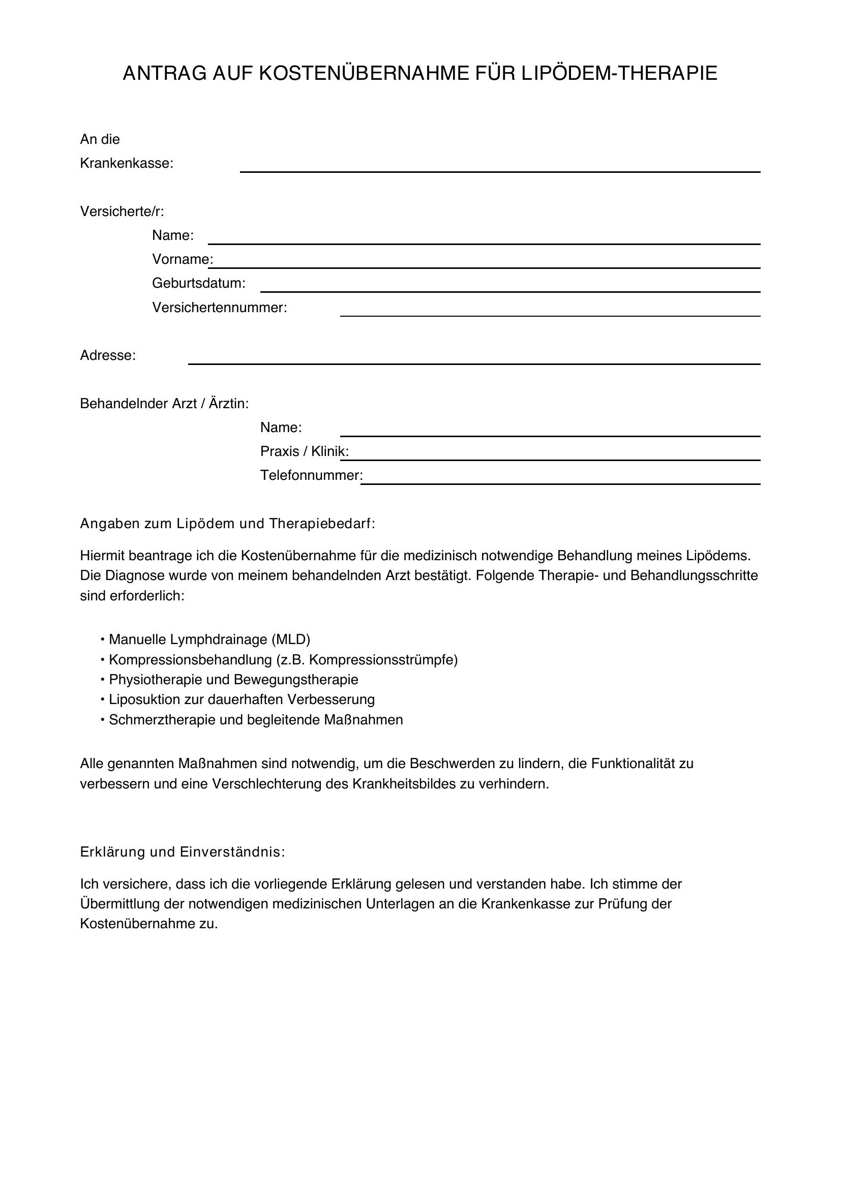 Antrag Kostenübernahme Krankenkasse Lipödem Muster