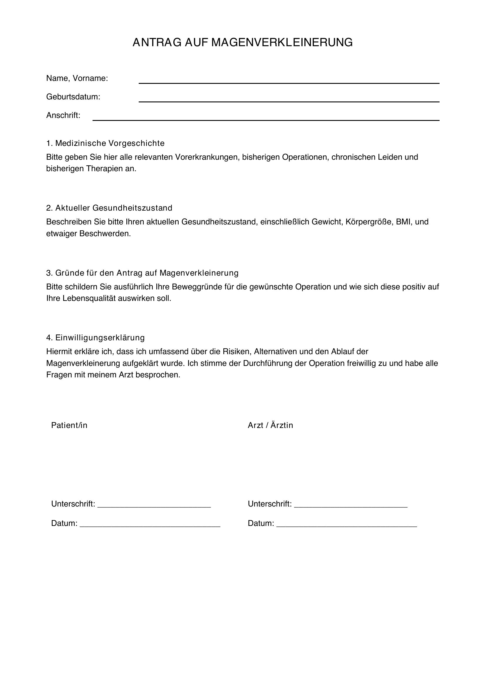 Muster Antrag Magenverkleinerung
