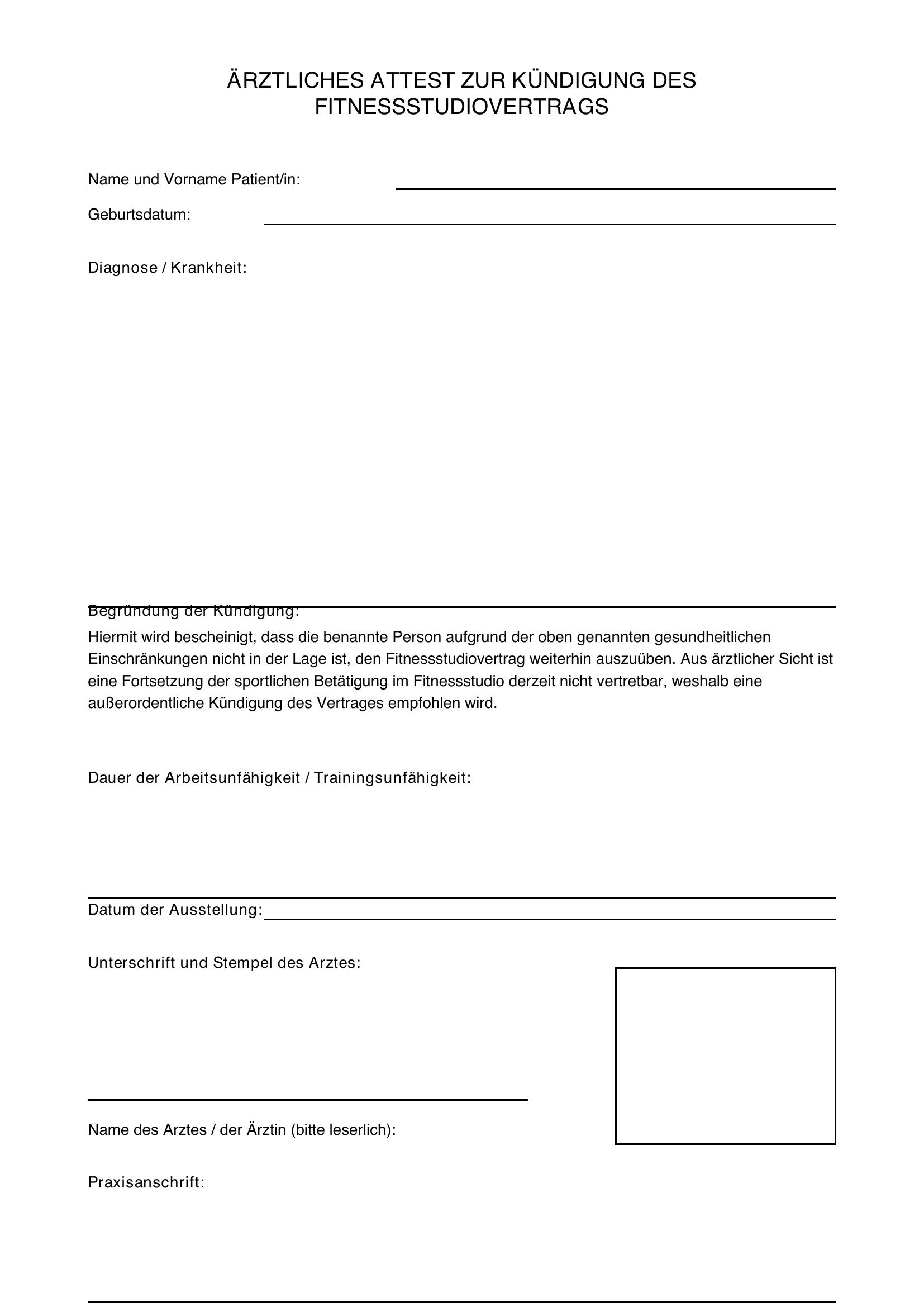 Ärztliches Attest Kündigung Fitnessstudio Muster