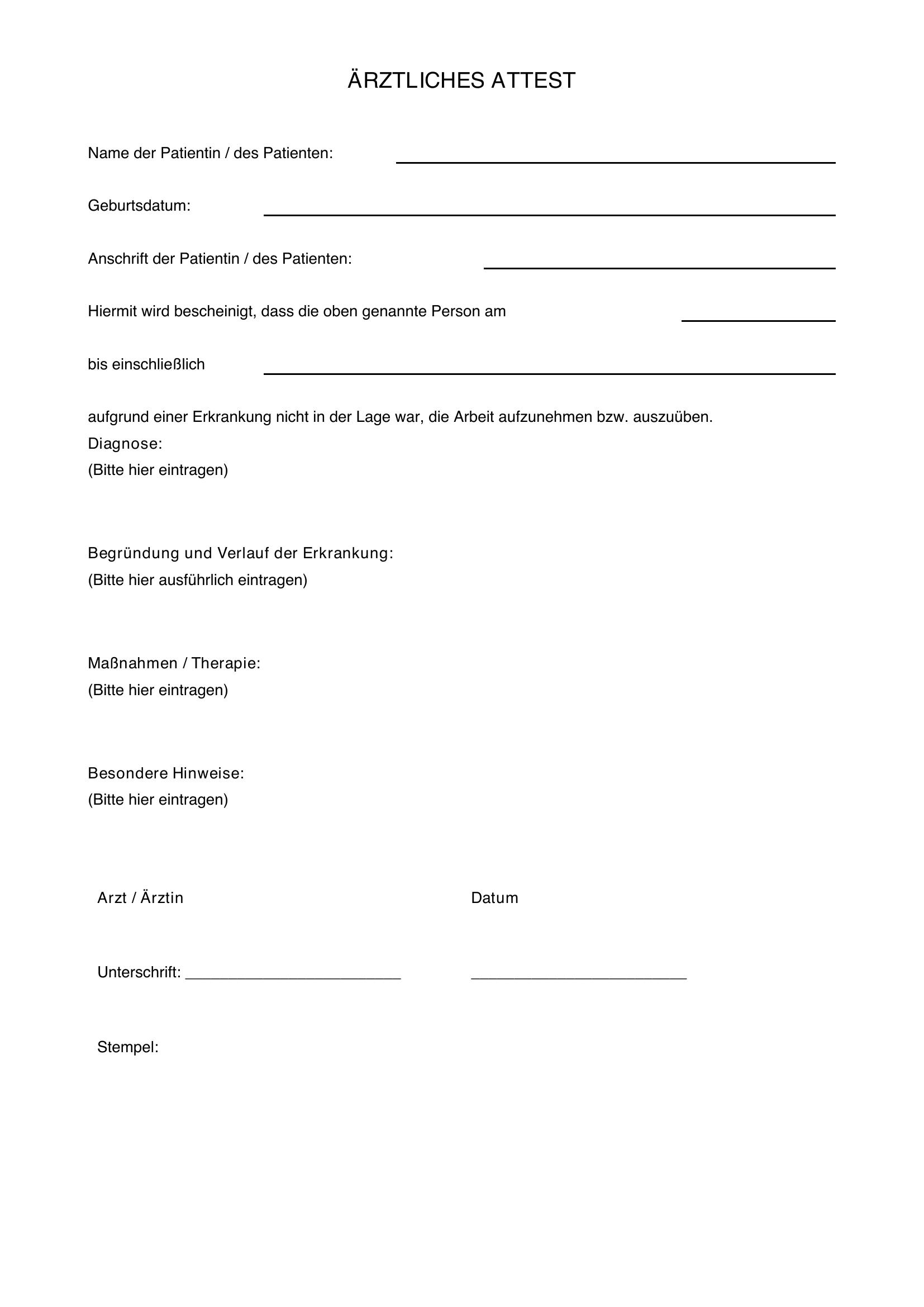 Ärztliches Attest Vorlage
