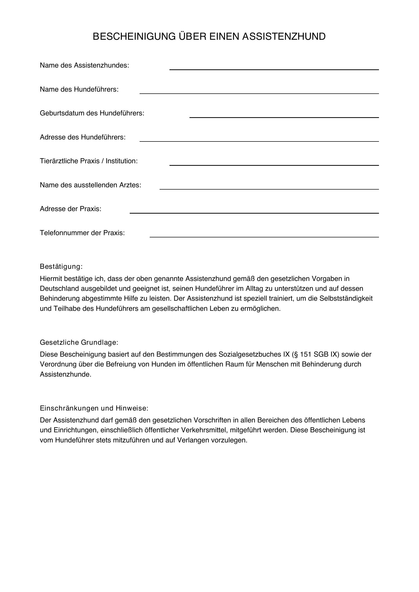 Assistenzhund Bescheinigung
