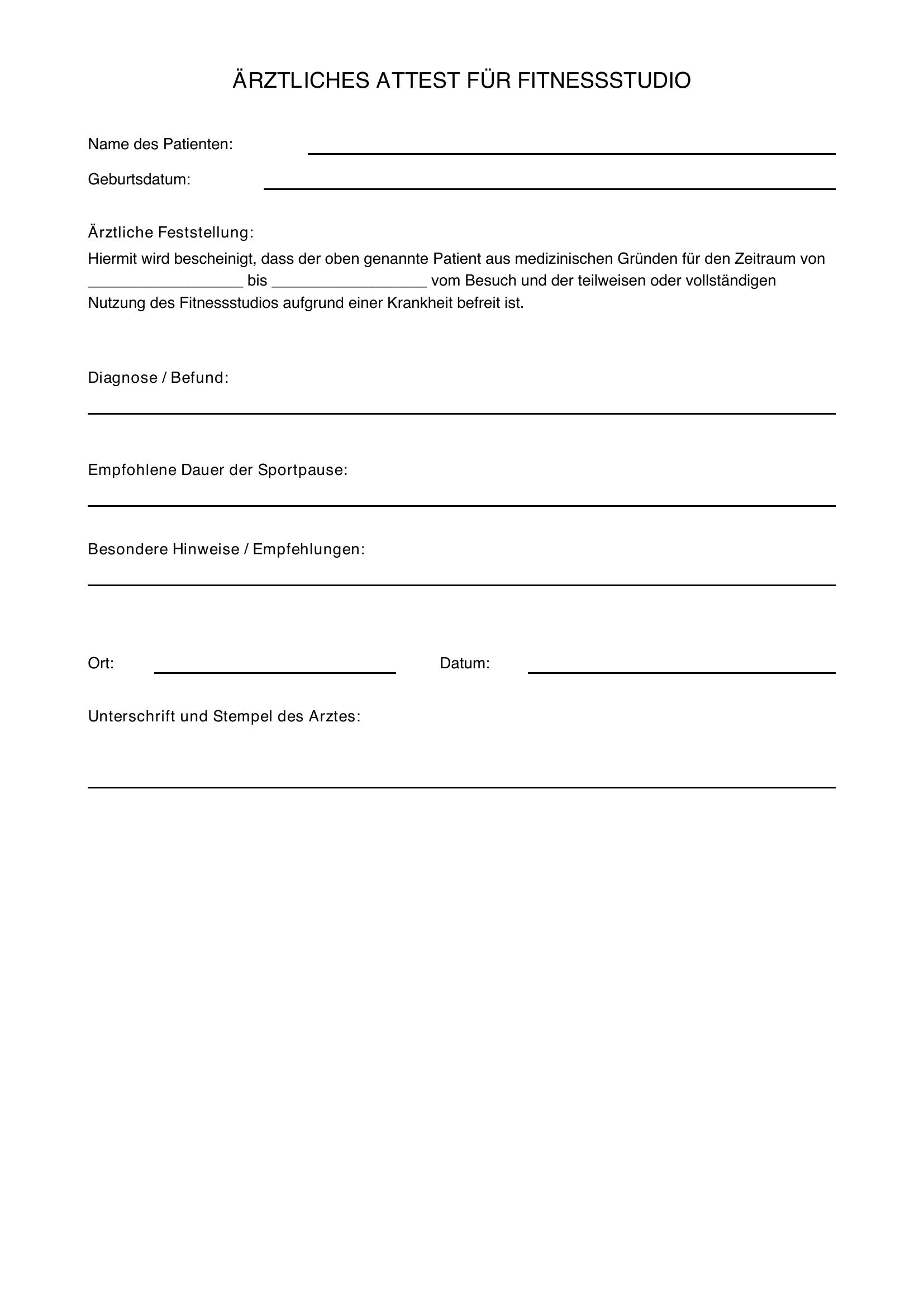 Attest Fitnessstudio Krankheit Vorlage