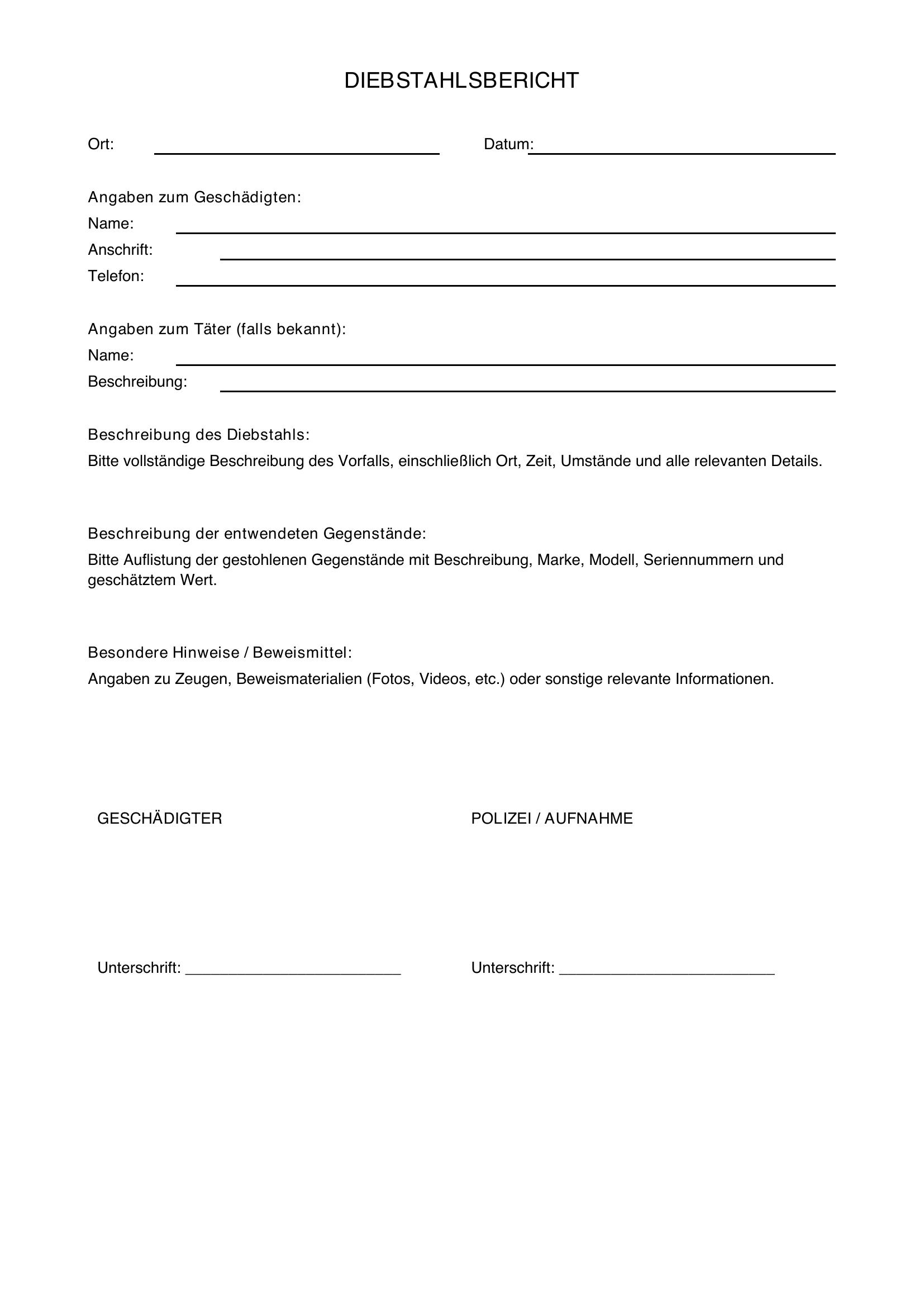 Diebstahl Bericht Vorlage
