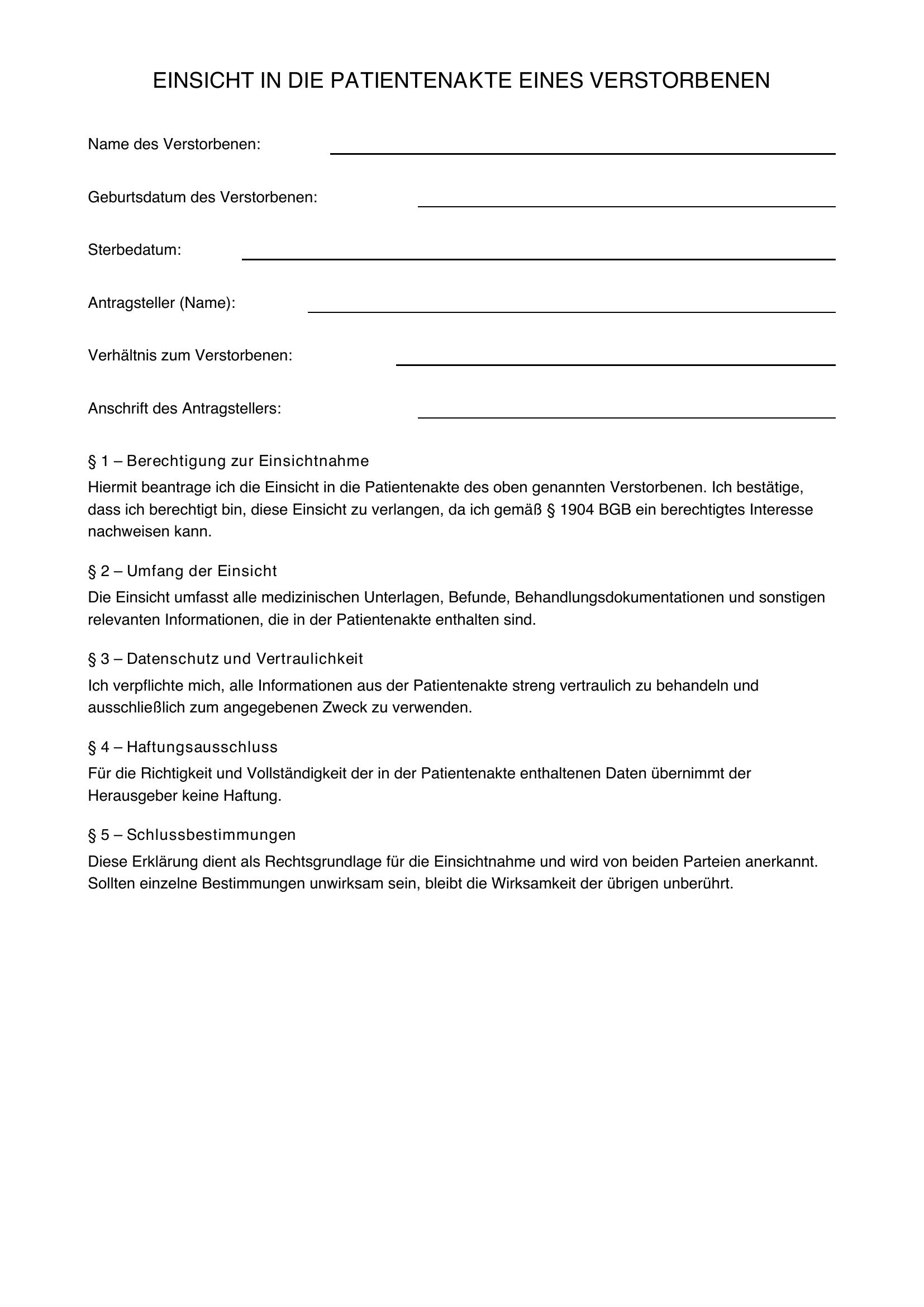 Einsicht Patientenakte Verstorbener Musterbrief