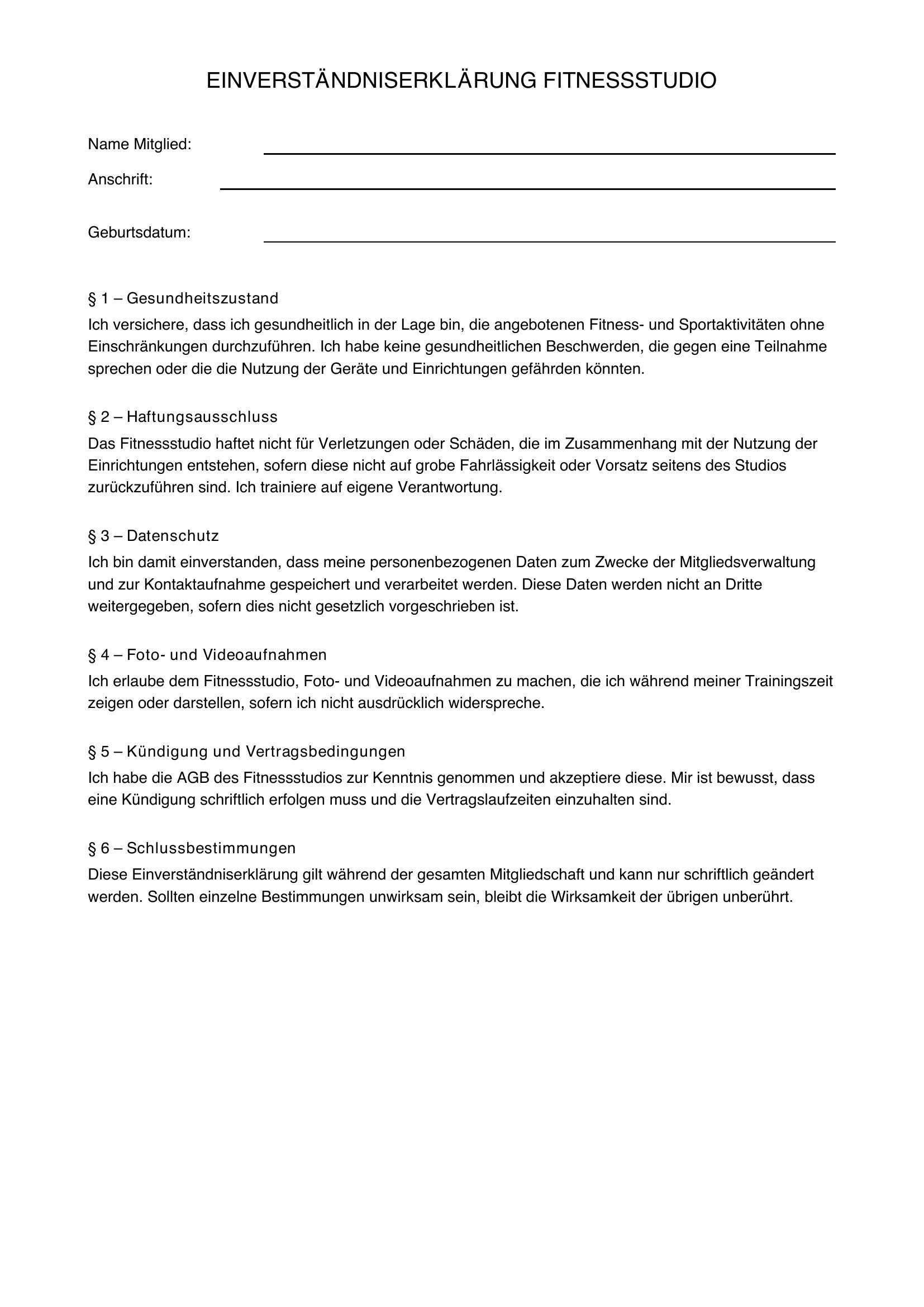 Einverständniserklärung Fitnessstudio