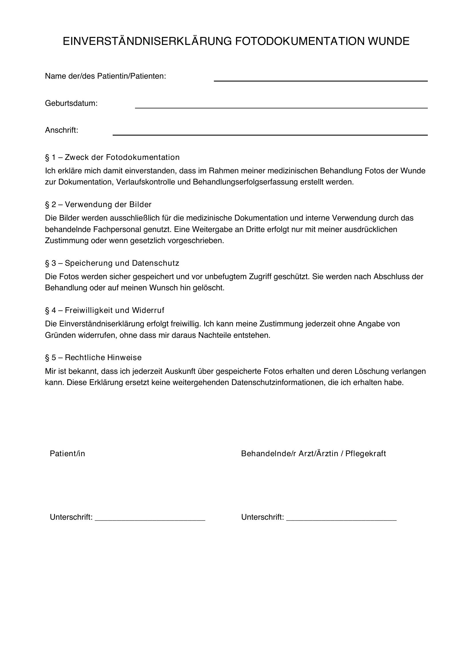 Einverständniserklärung Fotodokumentation Wunde Vorlage