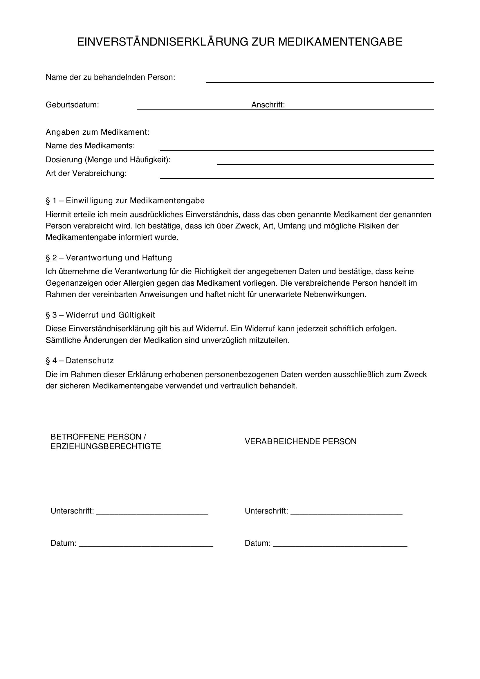 Einverständniserklärung Medikamentengabe Muster