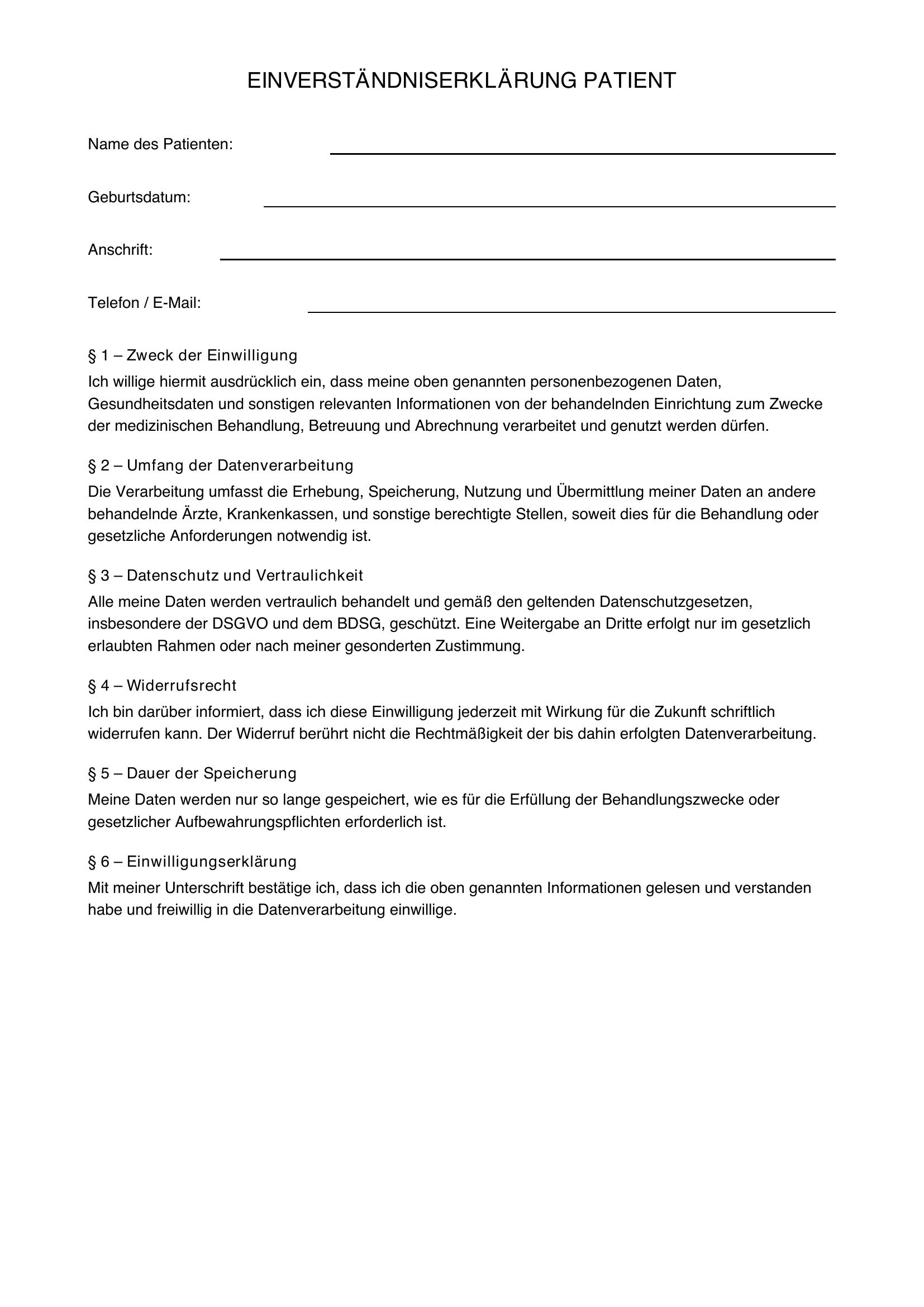 Einverständniserklärung Patient Muster