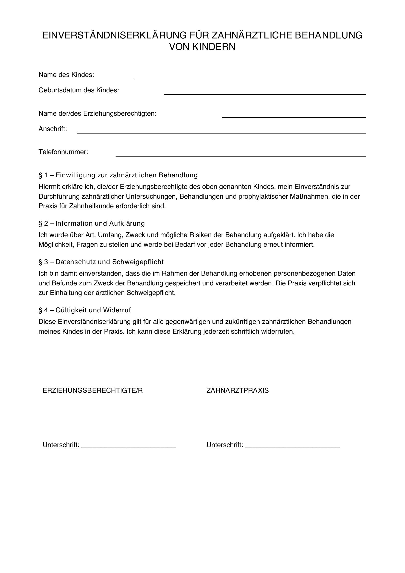 Einverständniserklärung Zahnarzt Kinder Muster