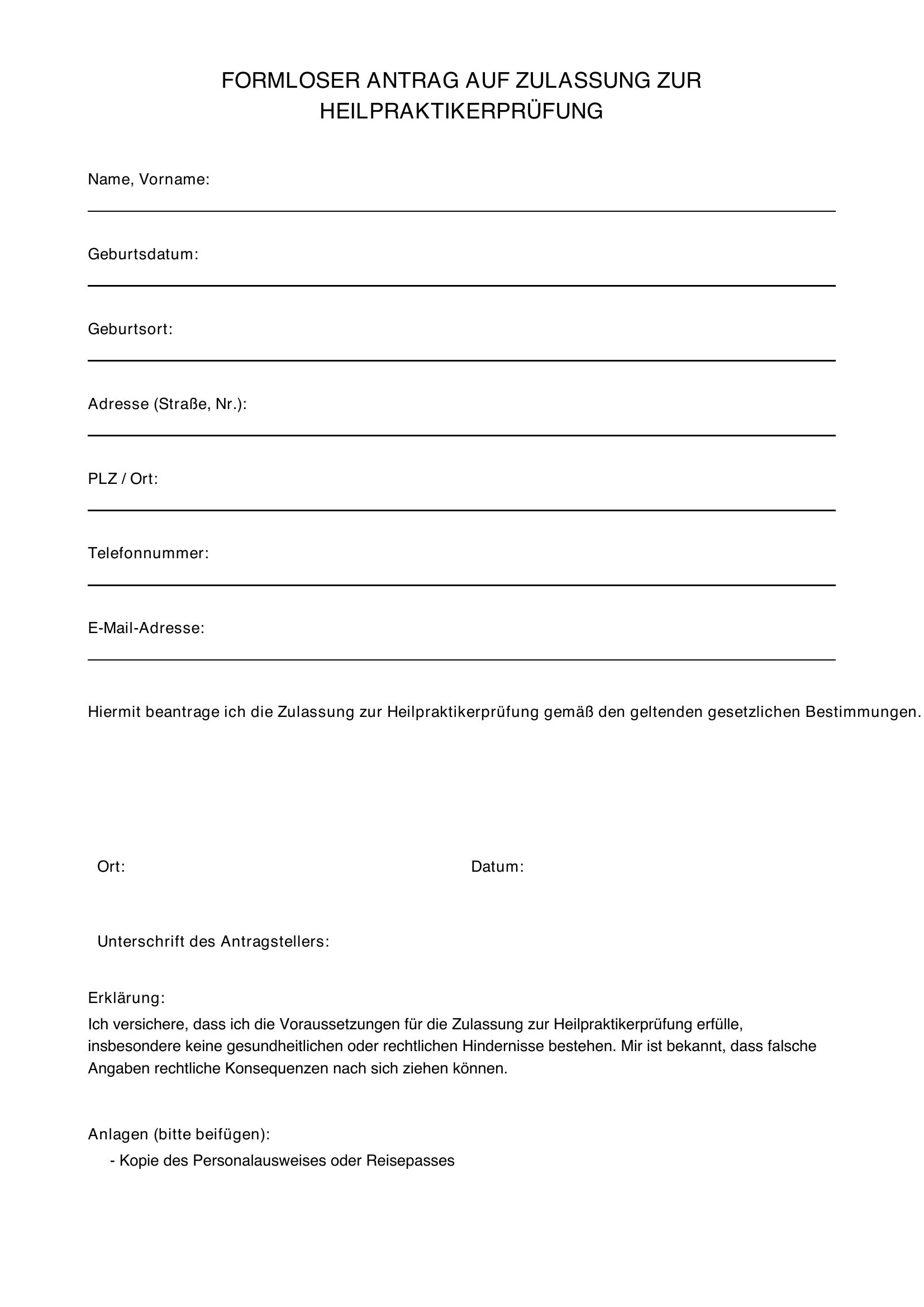 Formloser Antrag Heilpraktikerprüfung Vorlage