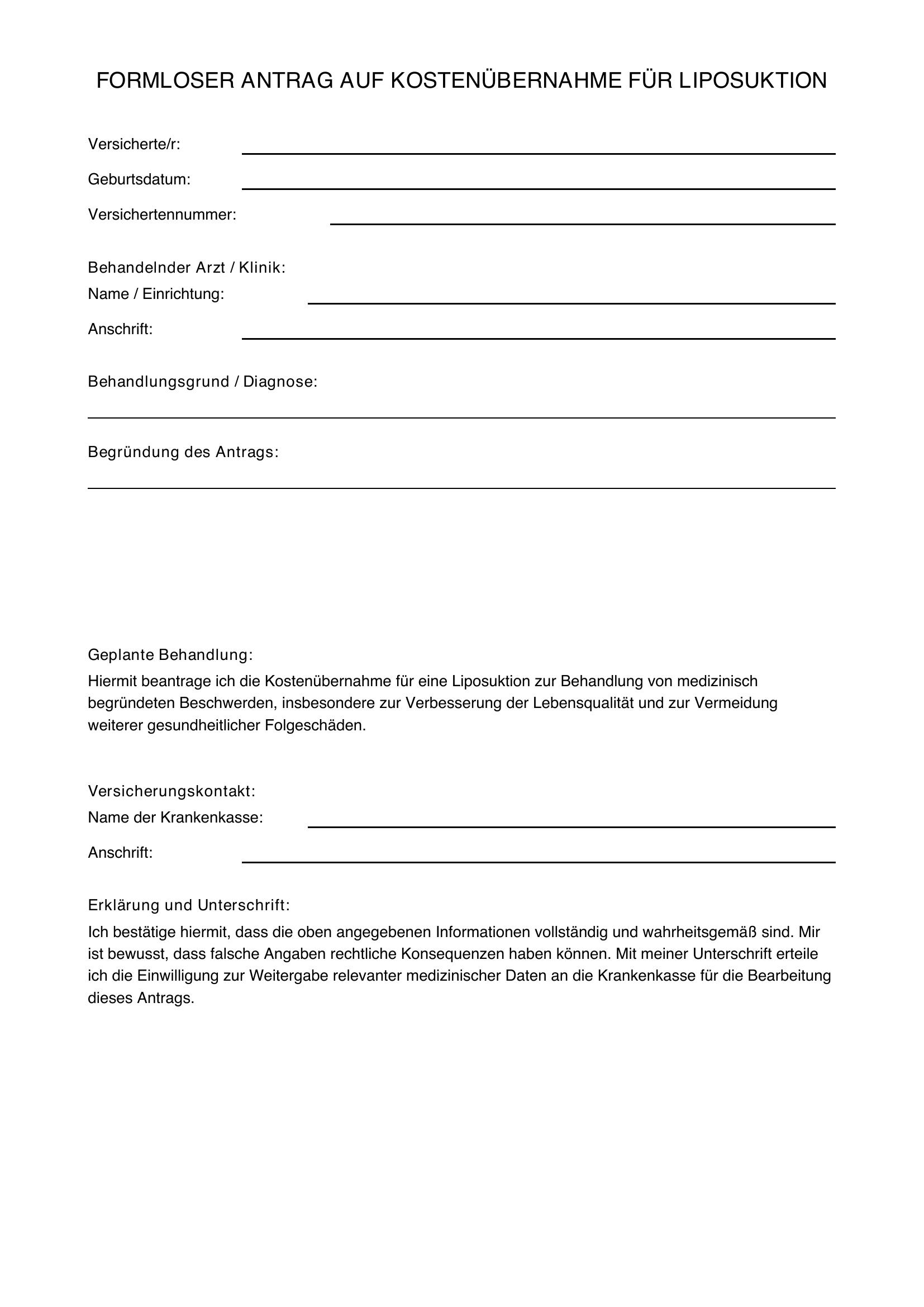 Formloser Antrag Kostenübernahme Krankenkasse Muster Liposuktion