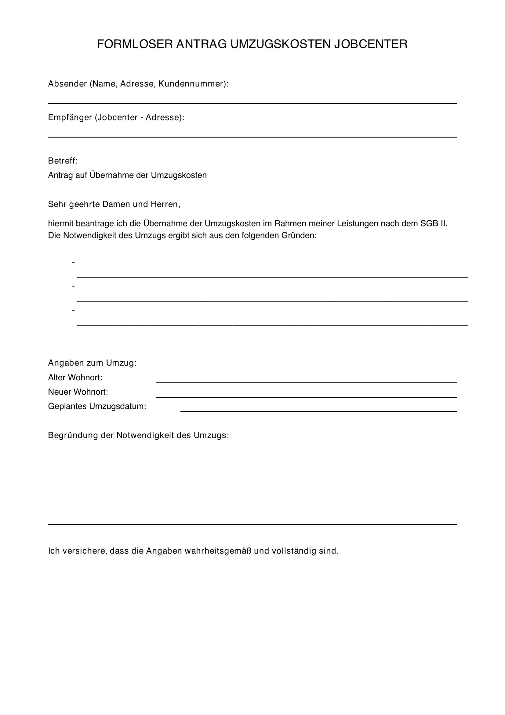 Formloser Antrag Umzugskosten Jobcenter Muster