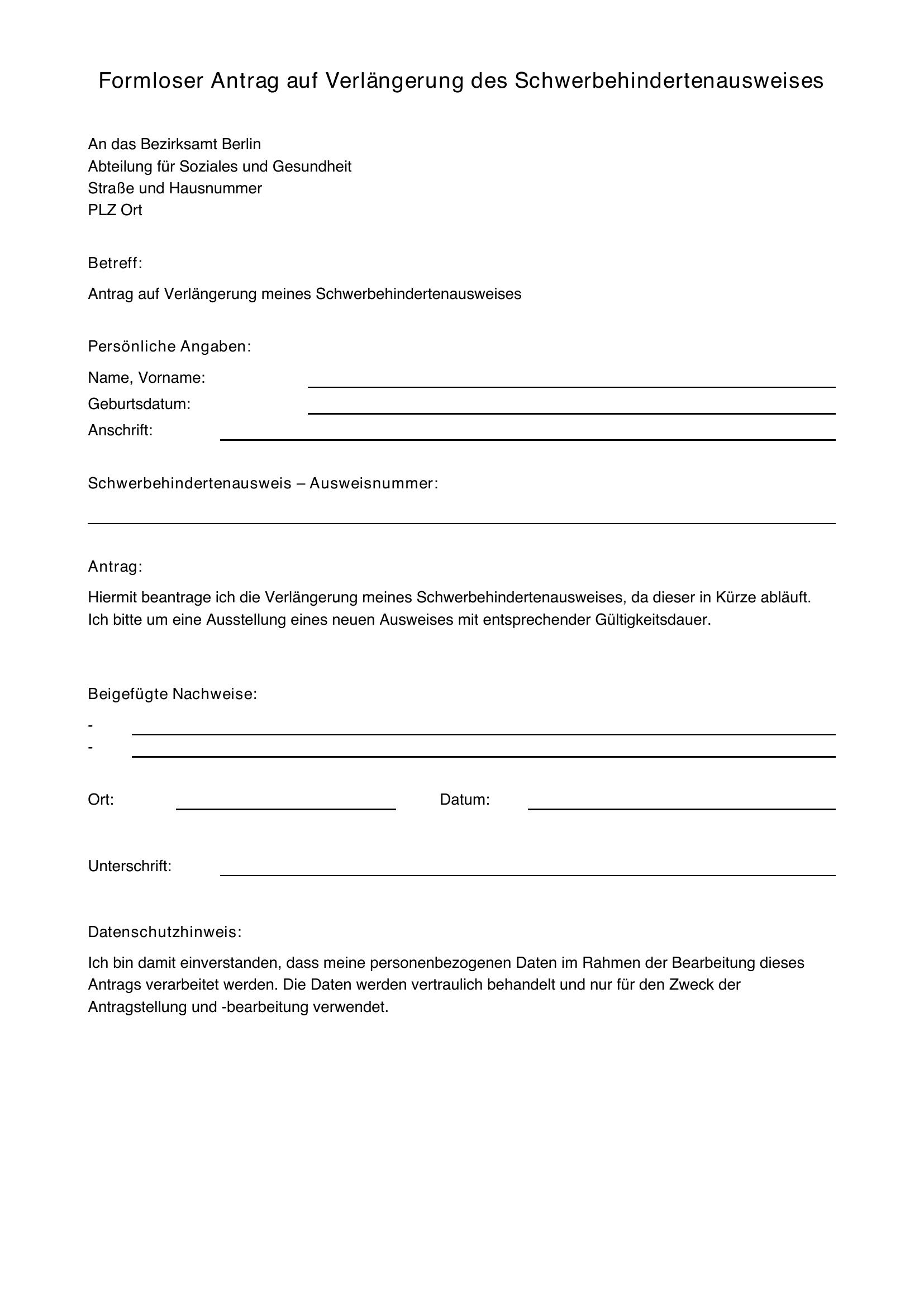 Formloser Antrag Verlängerung Schwerbehindertenausweis Muster Berlin