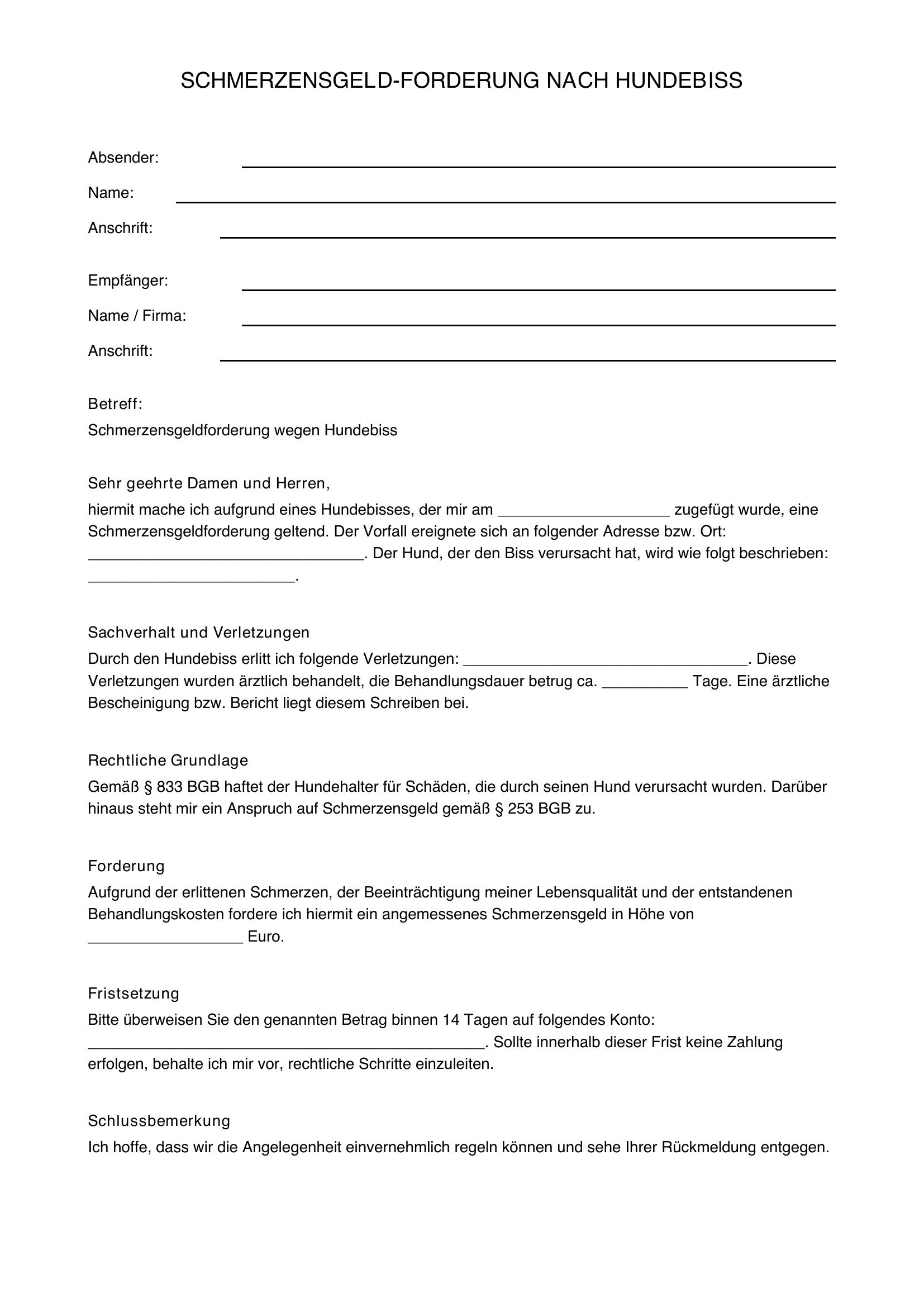 Hundebiss Schmerzensgeld Musterschreiben