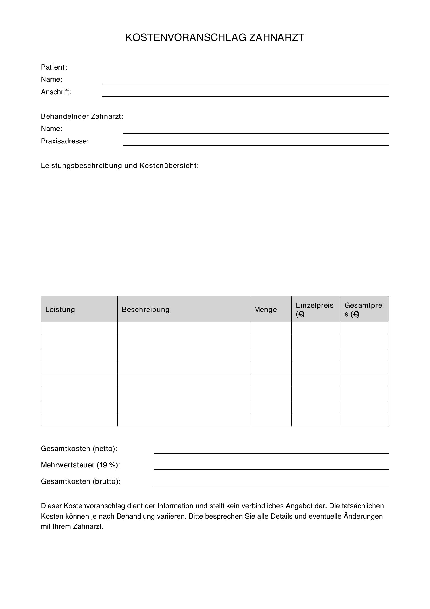 Kostenvoranschlag Zahnarzt Muster