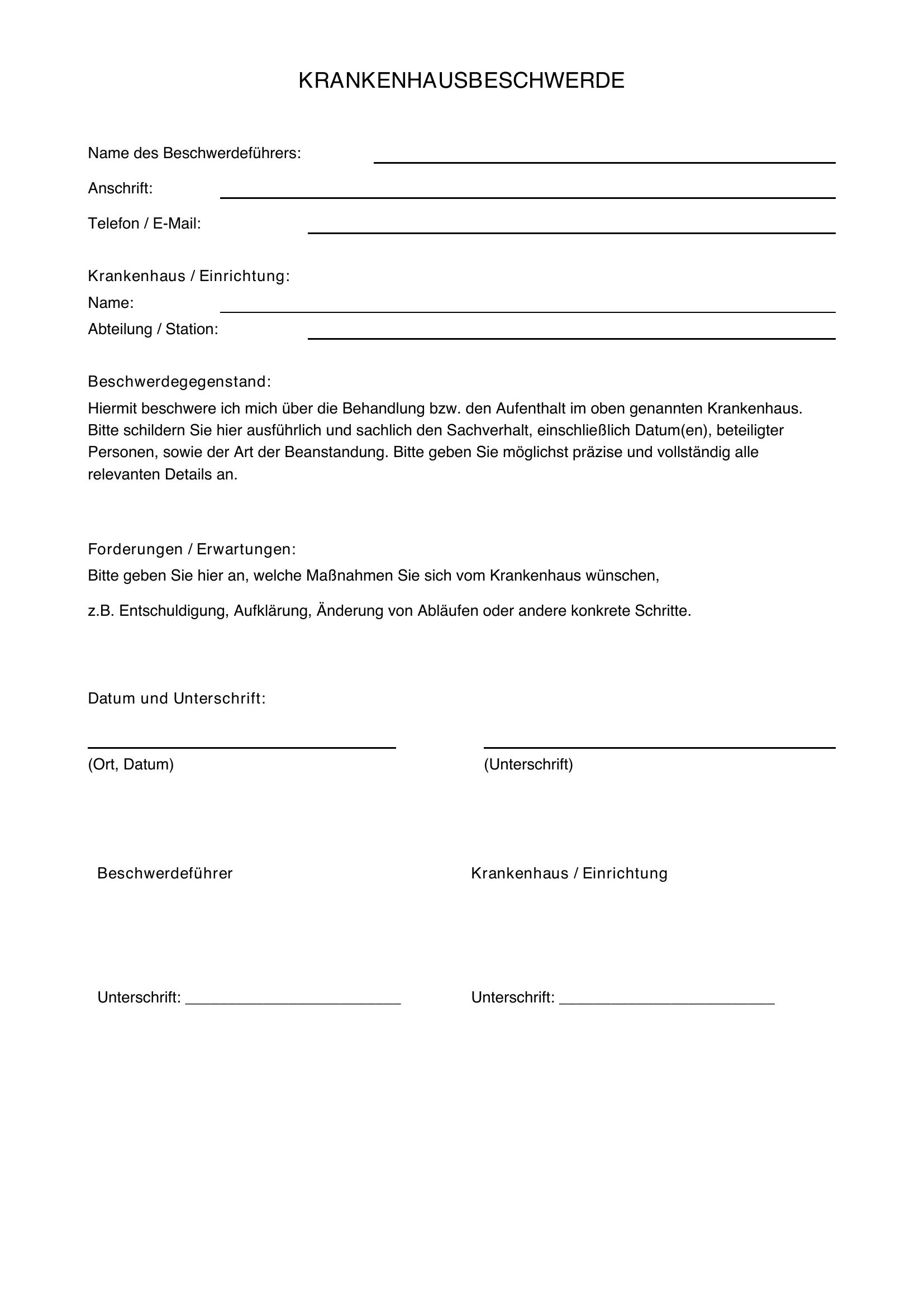 Krankenhaus Beschwerde Schreiben Muster