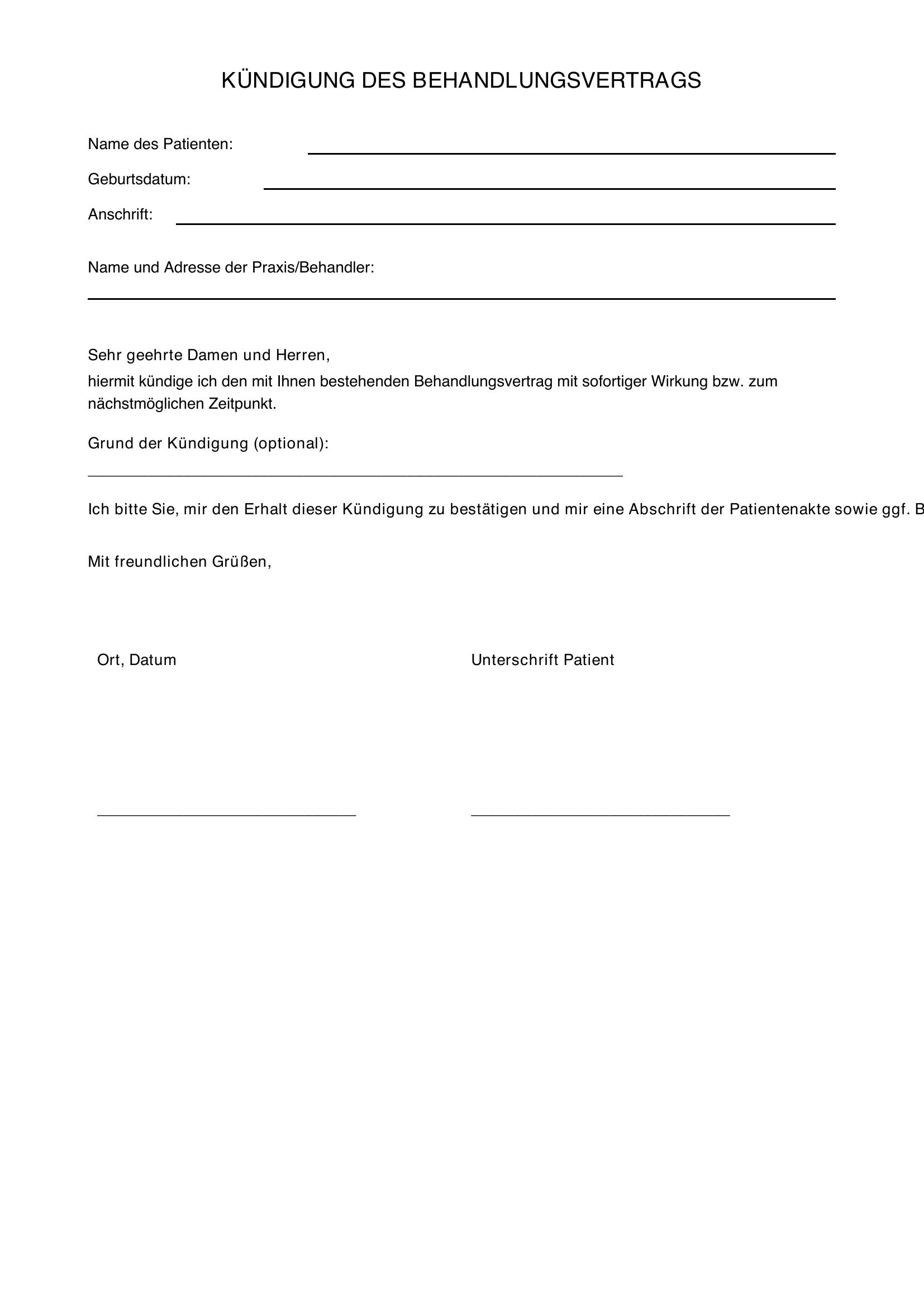 Muster Kündigung Behandlungsvertrag