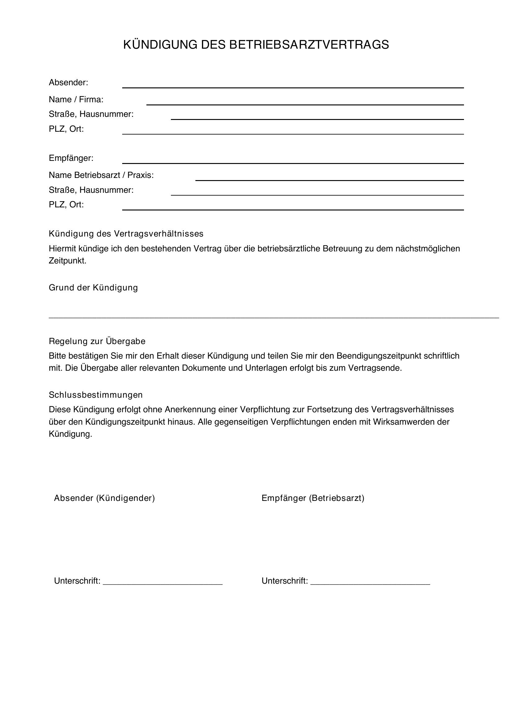 Kündigung Betriebsarzt Vorlage