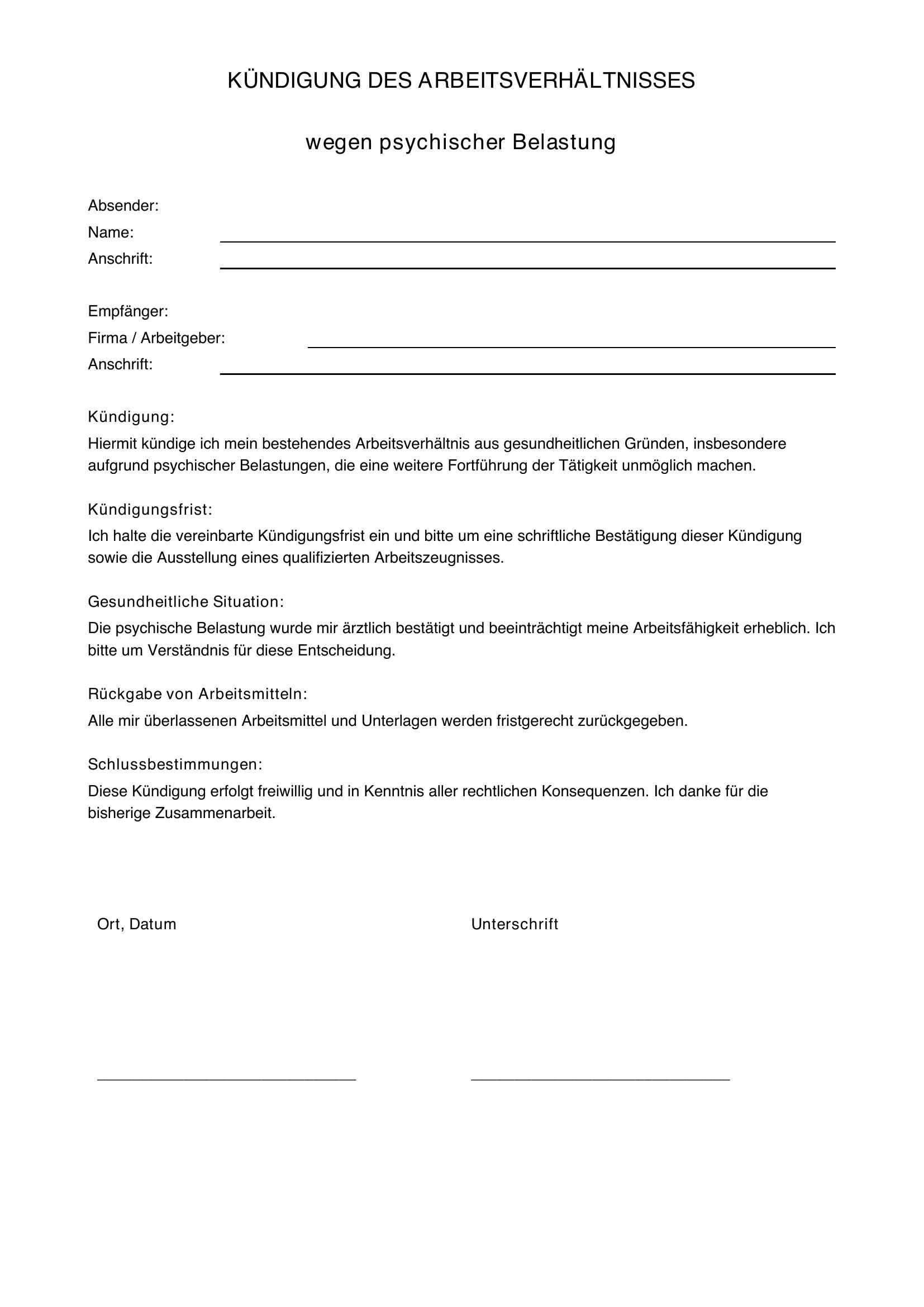 Kündigung Wegen Psychischer Probleme Muster