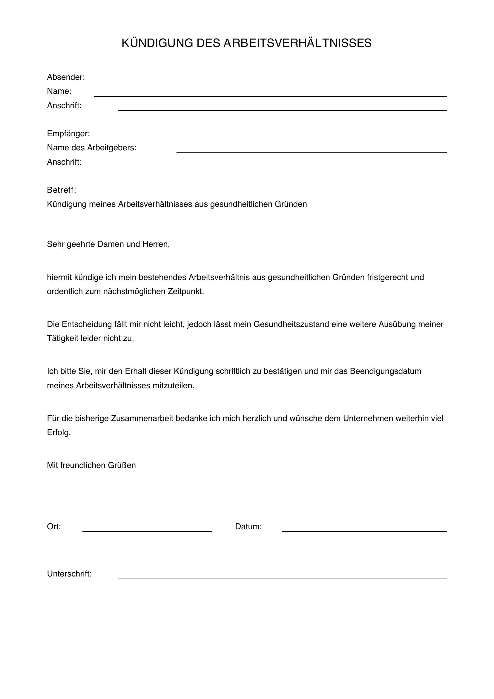 Kündigungsschreiben Aus Gesundheitlichen Gründen