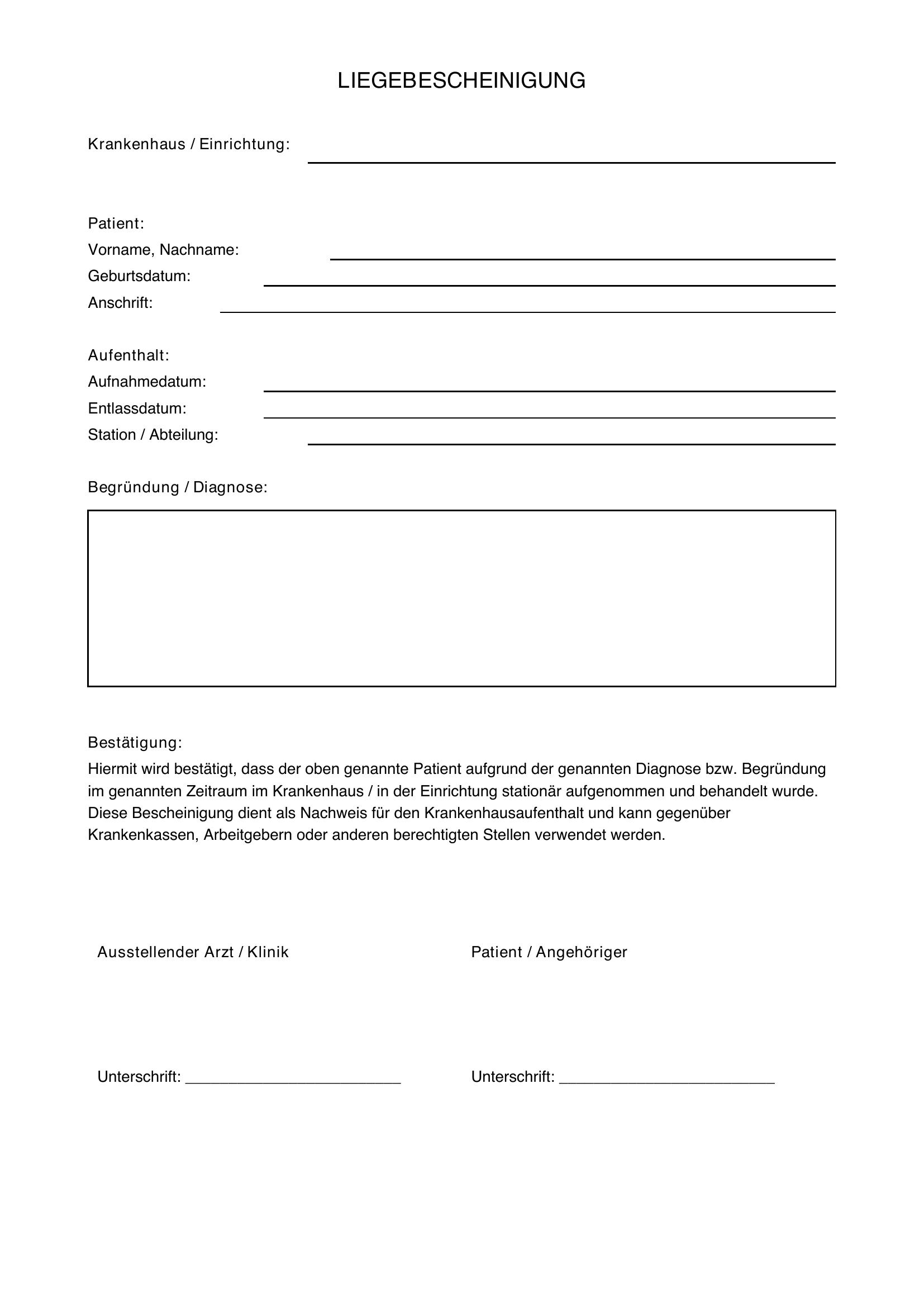 Liegebescheinigung Krankenhaus Muster