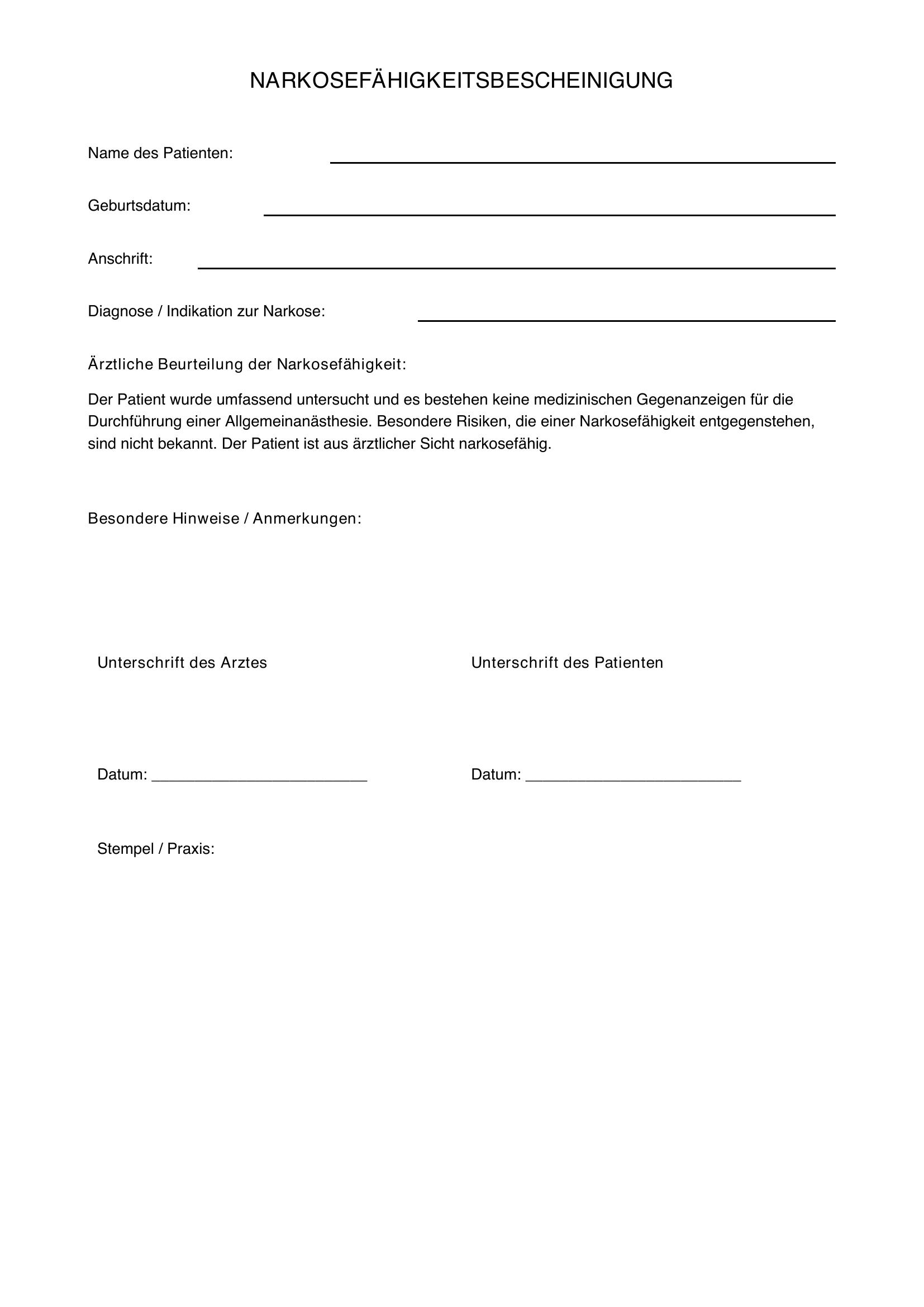 Narkosefähigkeit Bescheinigung Vorlage