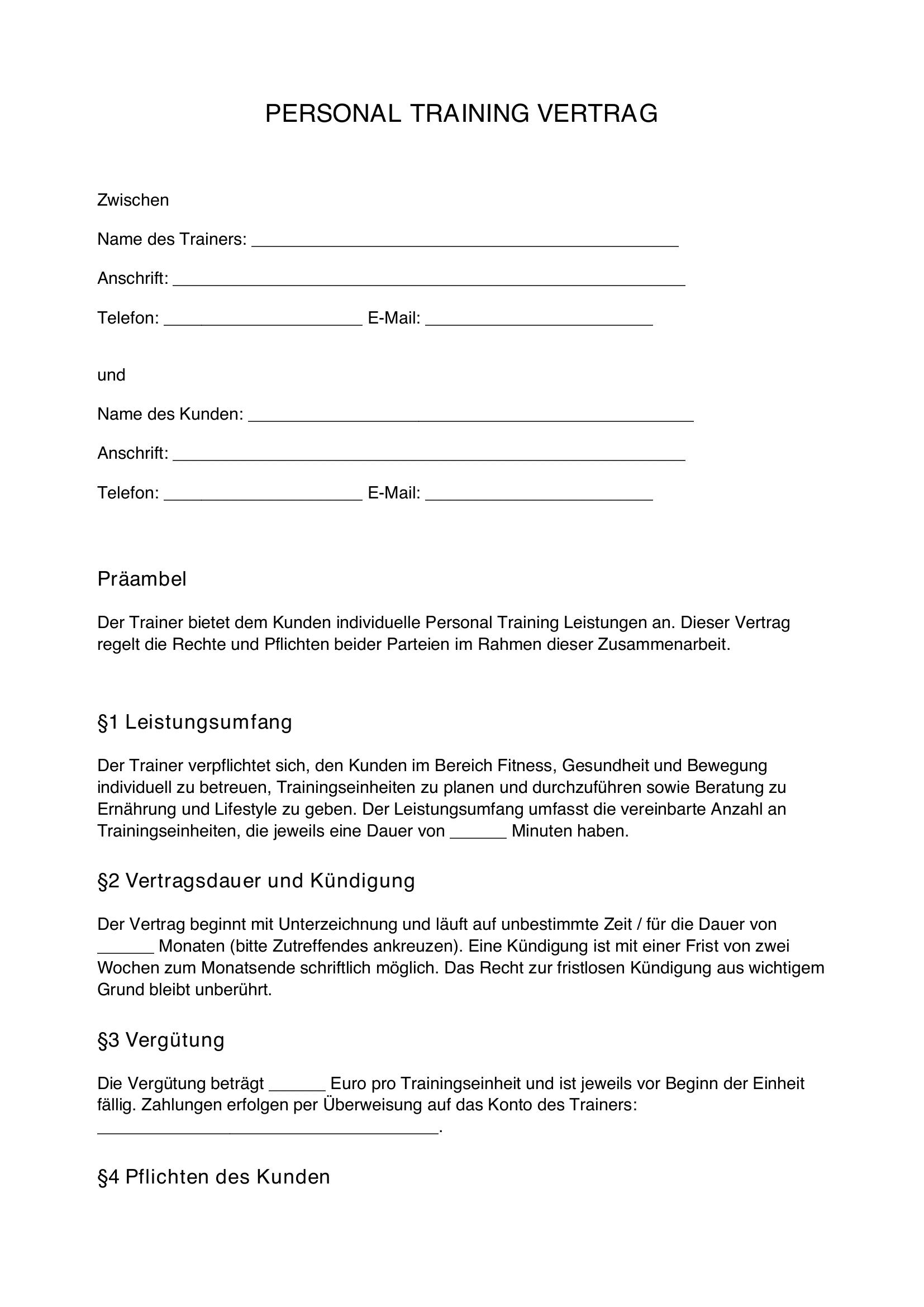 Personal Training Vertrag