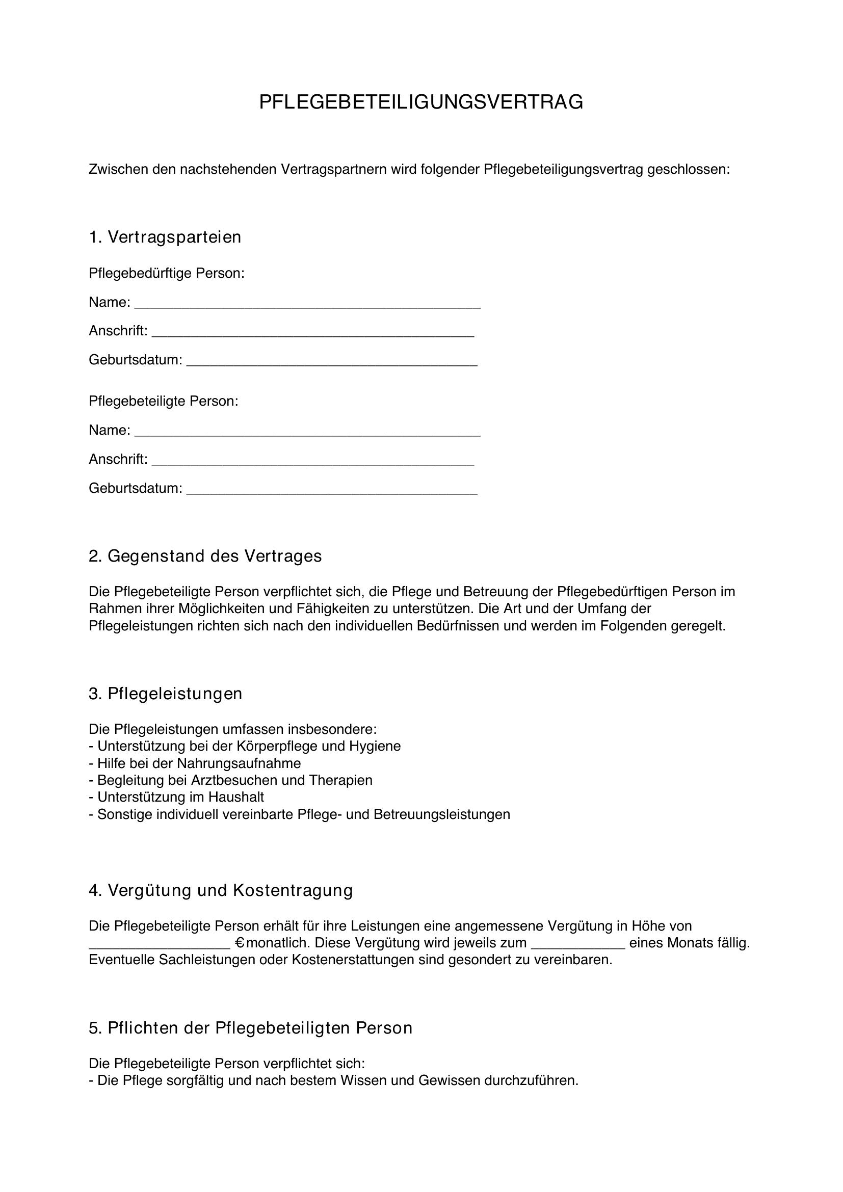 Pflegebeteiligung Vertrag Muster