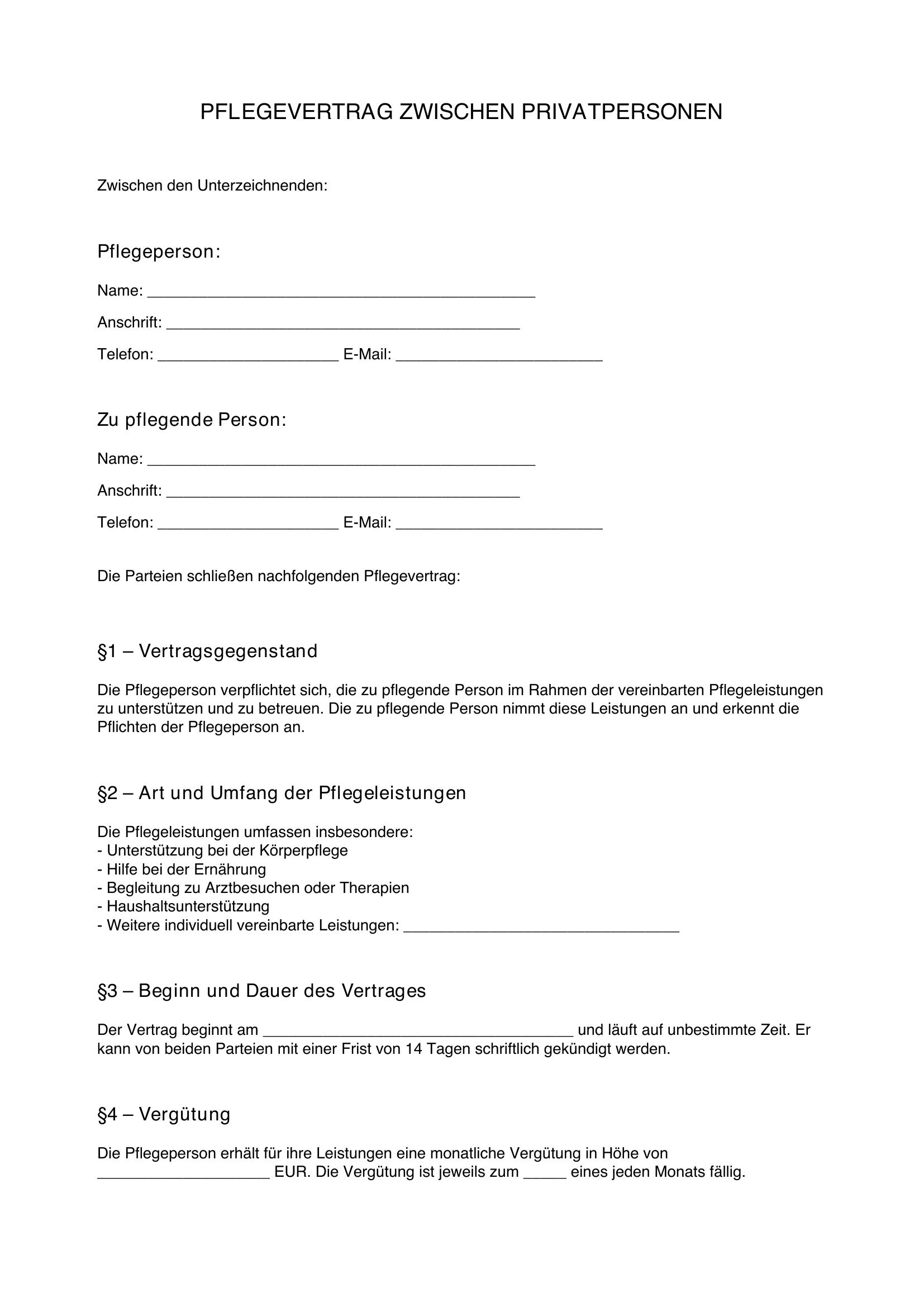 Pflegevertrag Zwischen Privatpersonen Muster