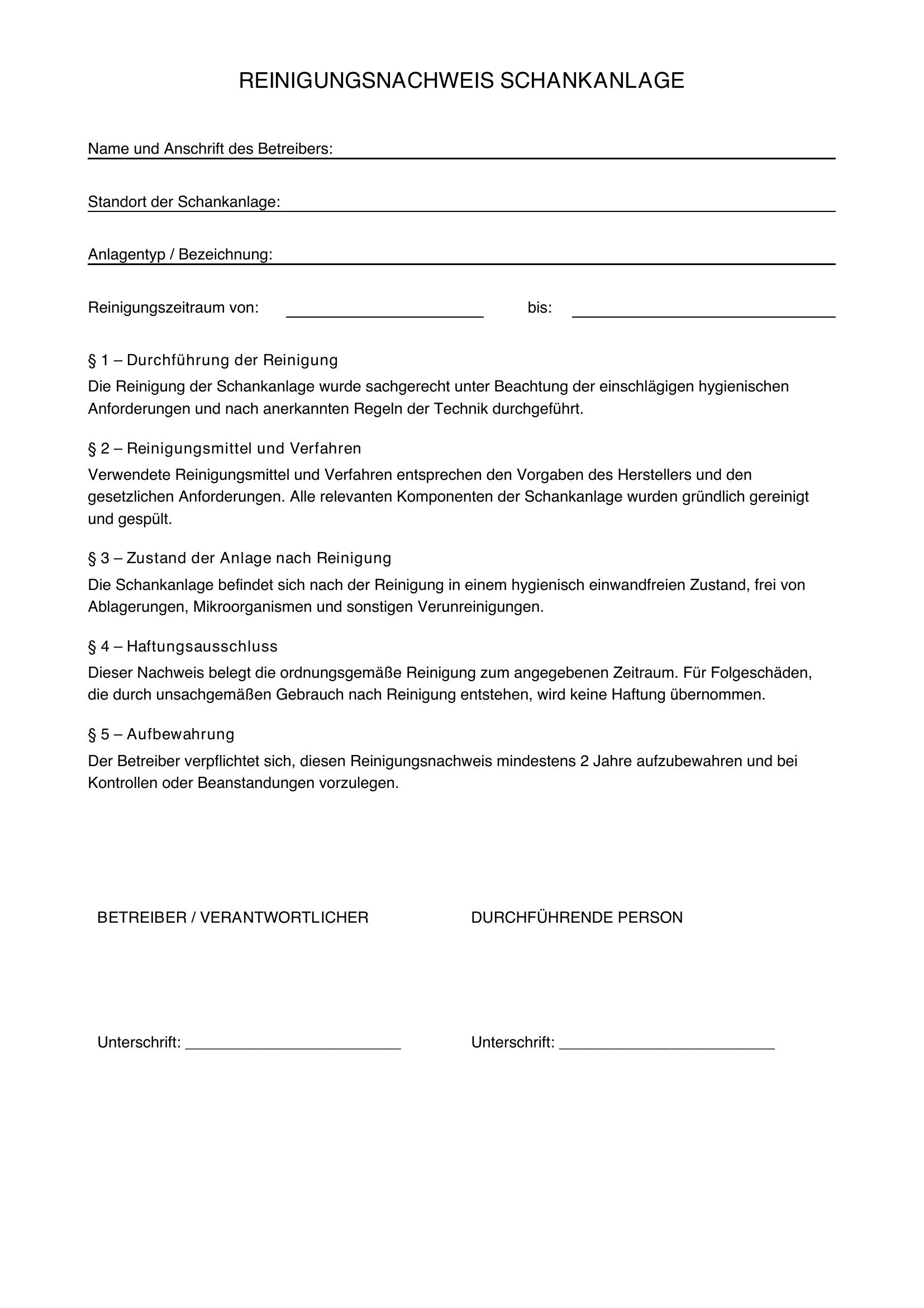 Reinigungsnachweis Schankanlage