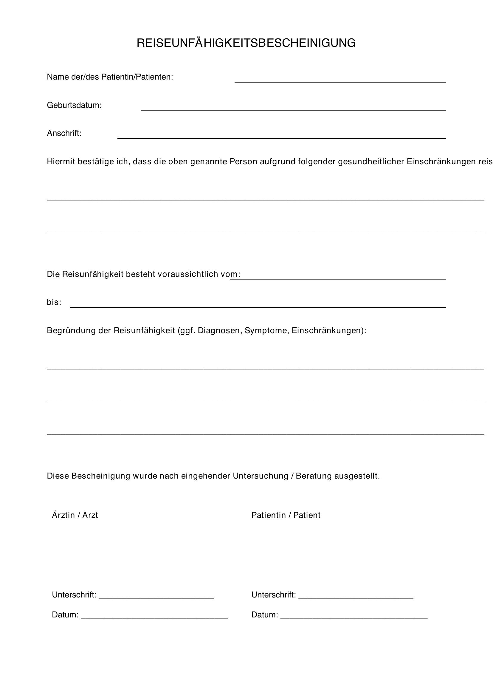 Reiseunfähigkeitsbescheinigung