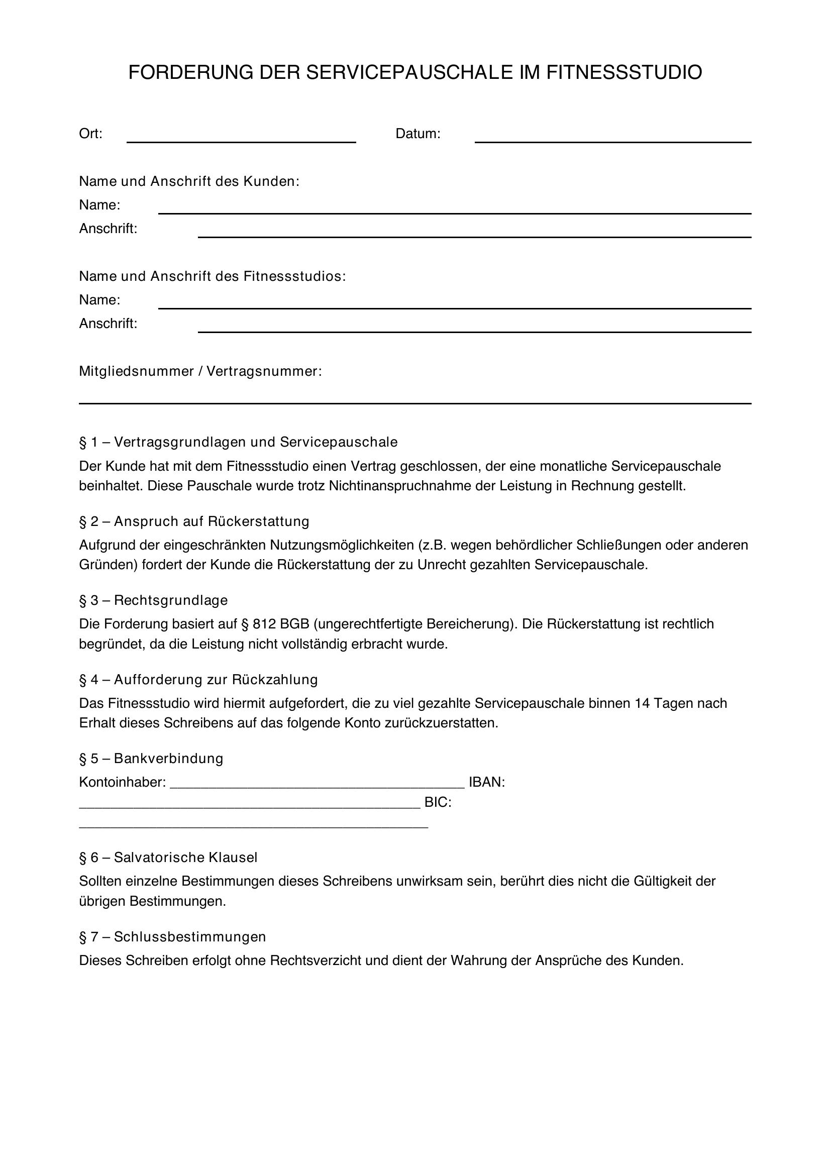 Servicepauschale Fitnessstudio Zurückfordern