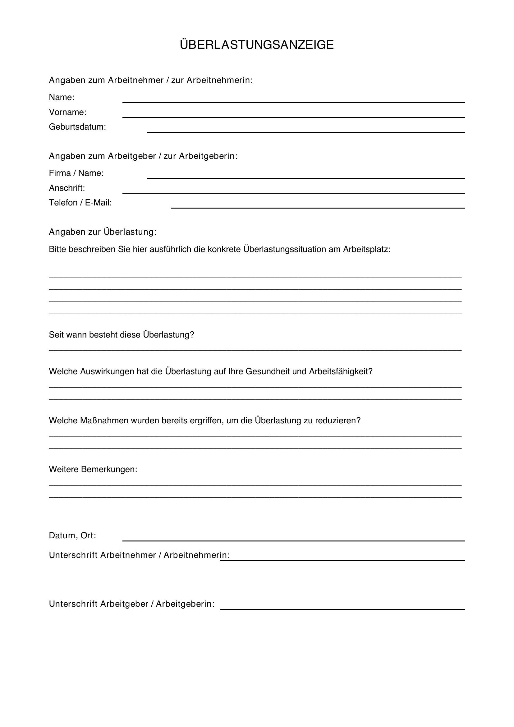 Überlastungsanzeige Vorlage