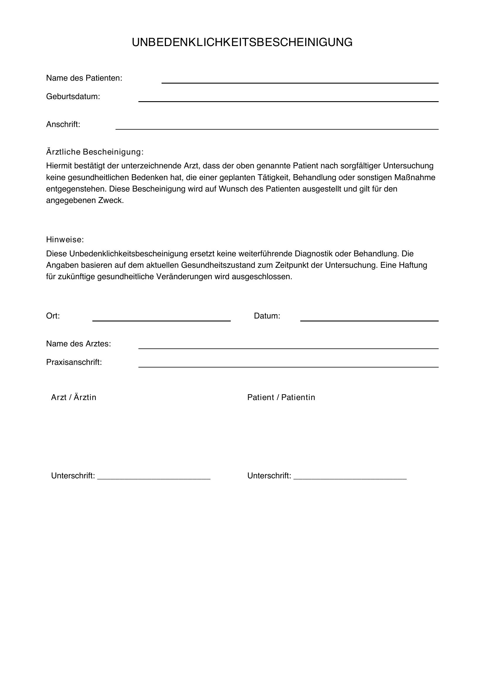 Unbedenklichkeitsbescheinigung Arzt Vordruck