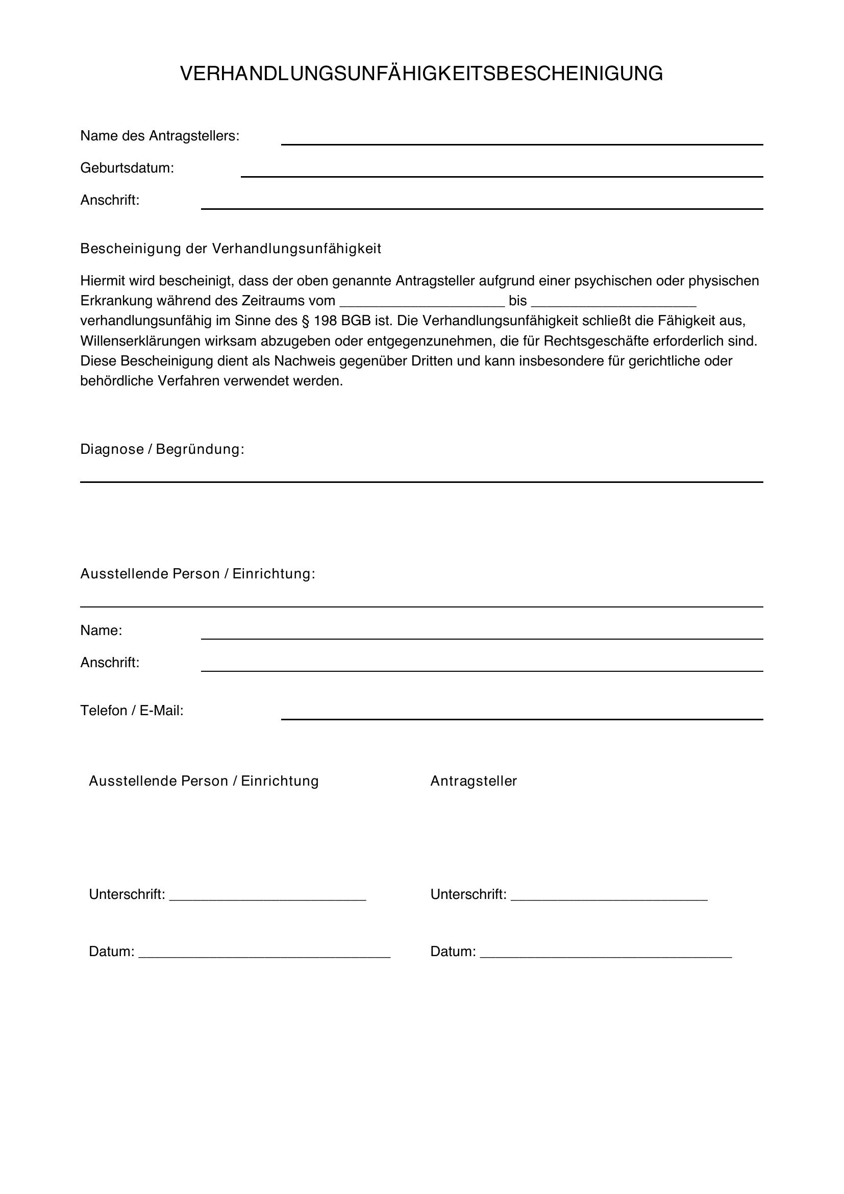 Verhandlungsunfähigkeitsbescheinigung Muster