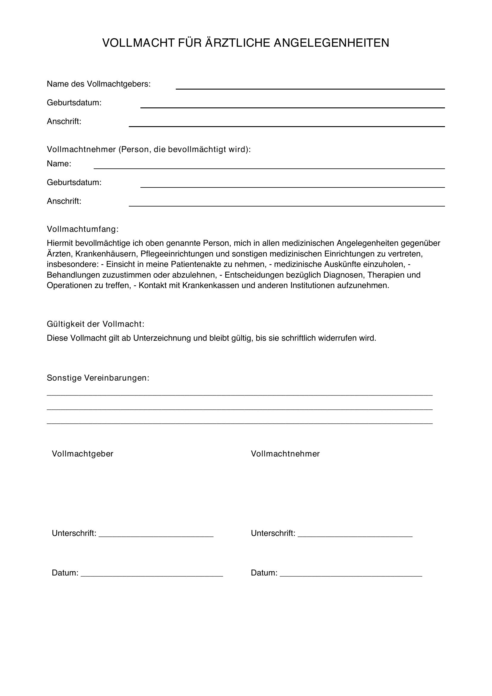 Vollmacht Für Arzt Angelegenheiten