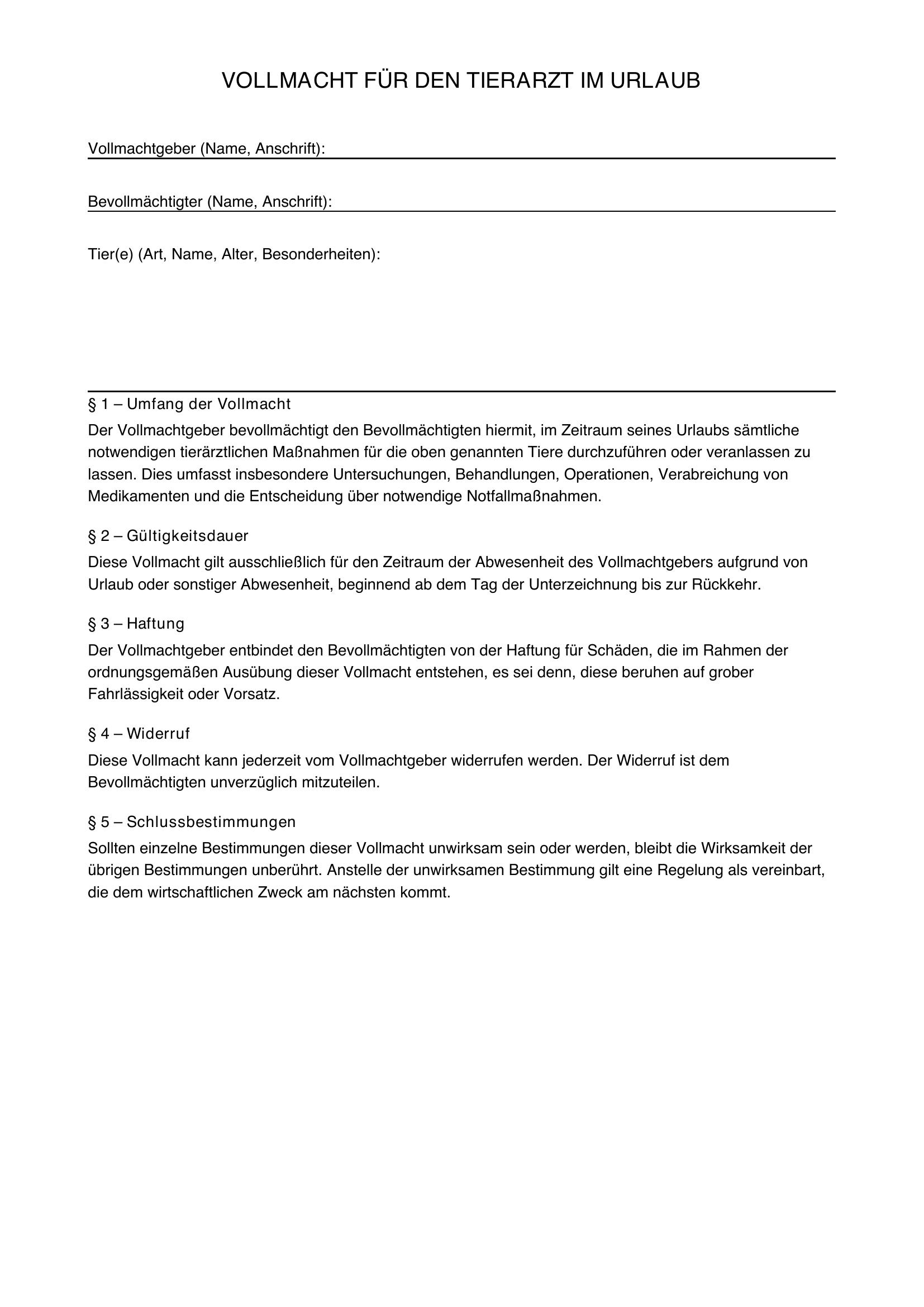 Vollmacht Tierarzt Urlaub