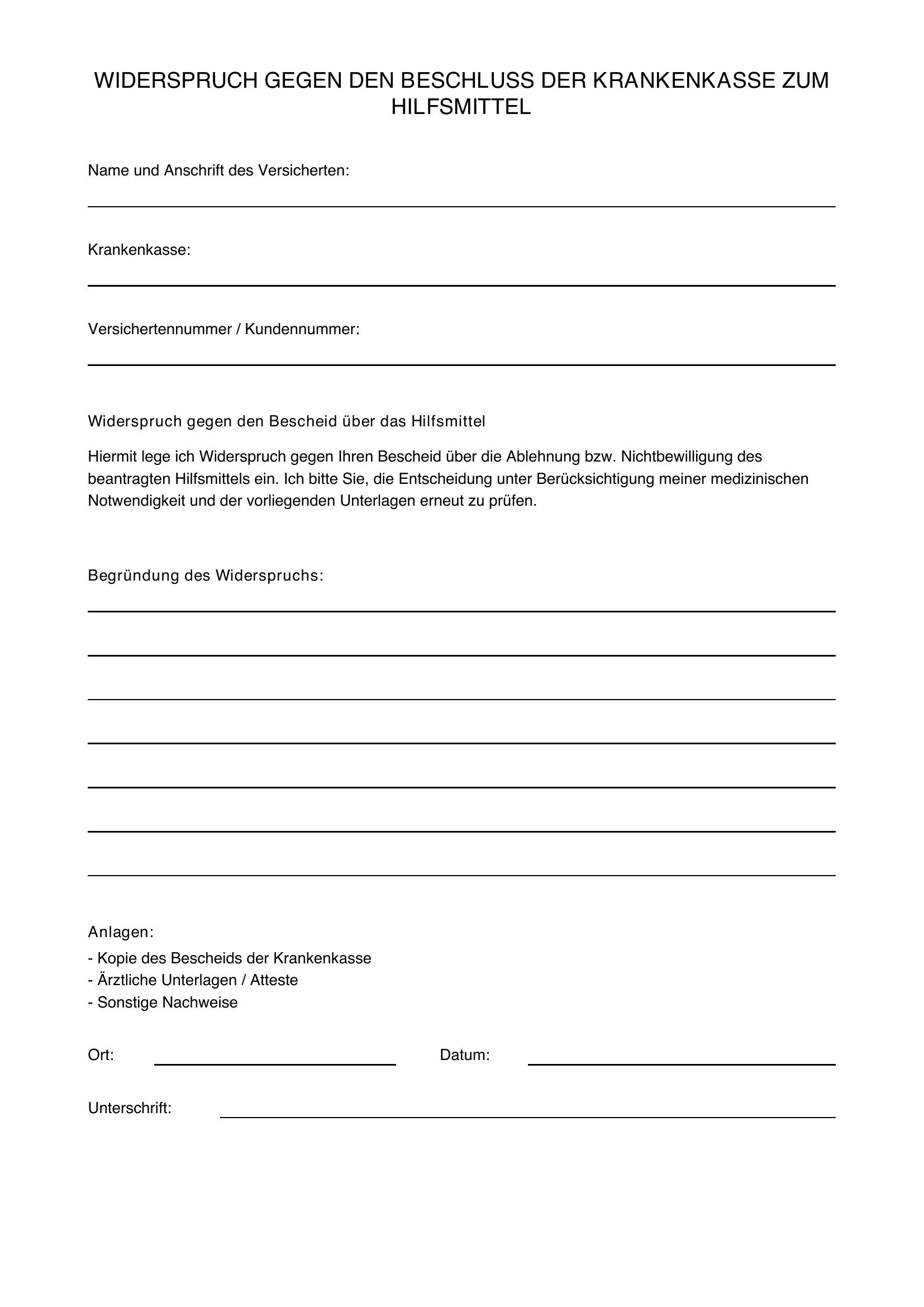 Widerspruch Krankenkasse Hilfsmittel Muster