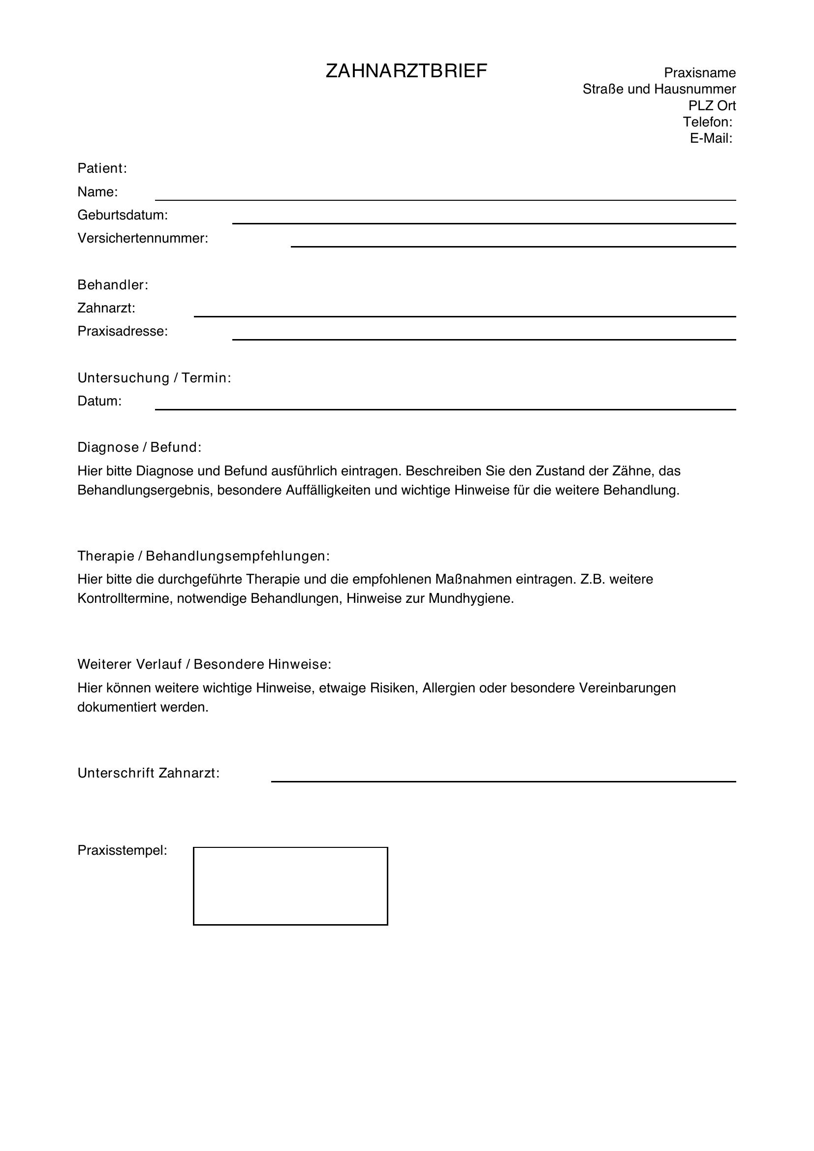 Zahnarzt Brief Muster